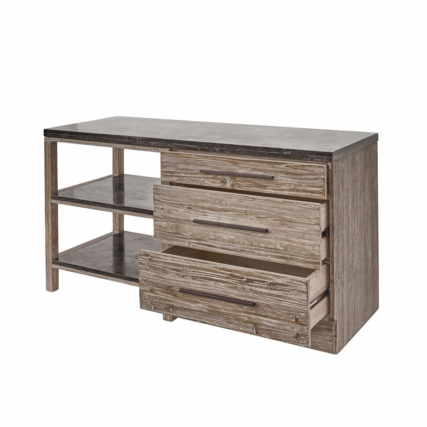 Kommode aus Holz mit grauer Marmorplatte, drei Schubladen und offenen Seitenregalen