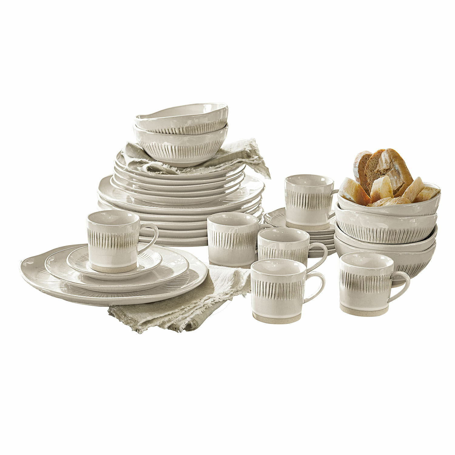 Geschirr 30er Set Périers Set aus cremefarbener Keramik mit Tassen und Schalen, ideal für den täglichen Gebrauch und Tischdekoration