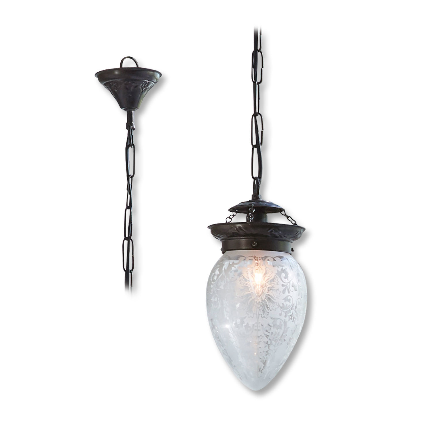 Hängelampe aus mattiertem Glas mit Muster und schwarzer Metallkette für Wohnzimmer