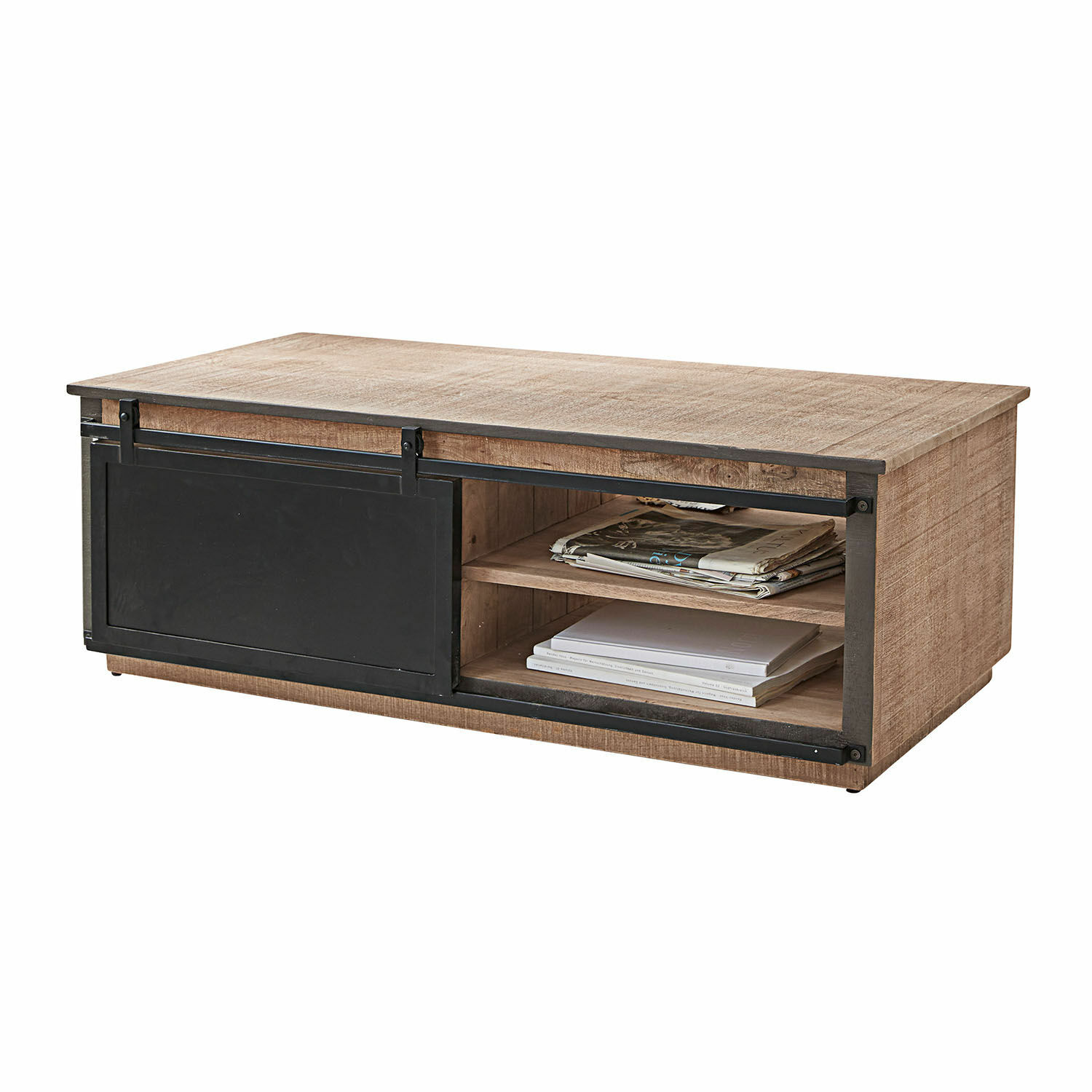 Couchtisch Vulmont Couchtisch aus Mangoholz und schwarzem Metall mit Schiebetüren und offenem Stauraum