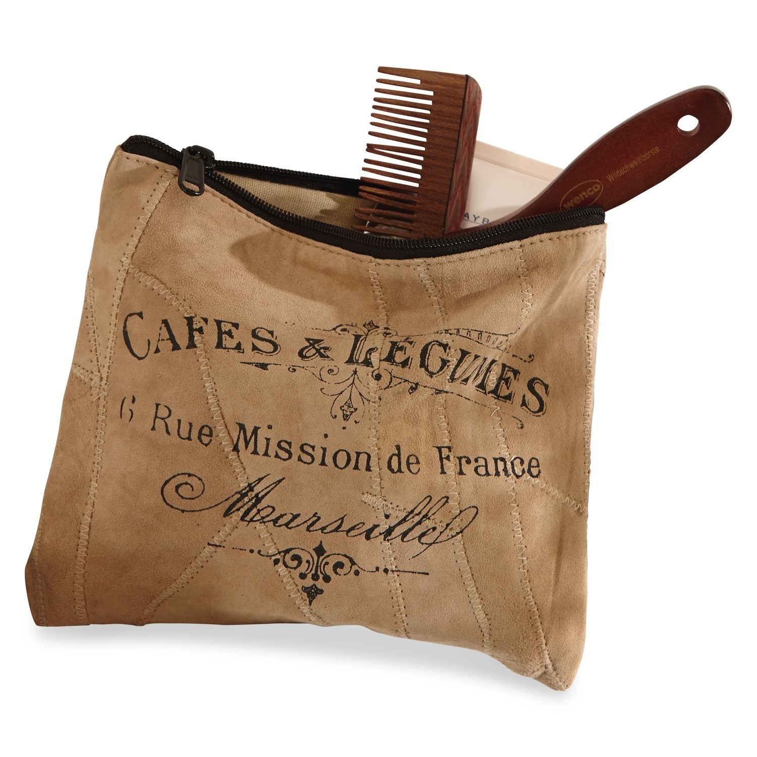 Täschchen Jeannice Beige Leder-Kosmetiktasche mit französischem Schriftzug und schwarzem Reißverschluss