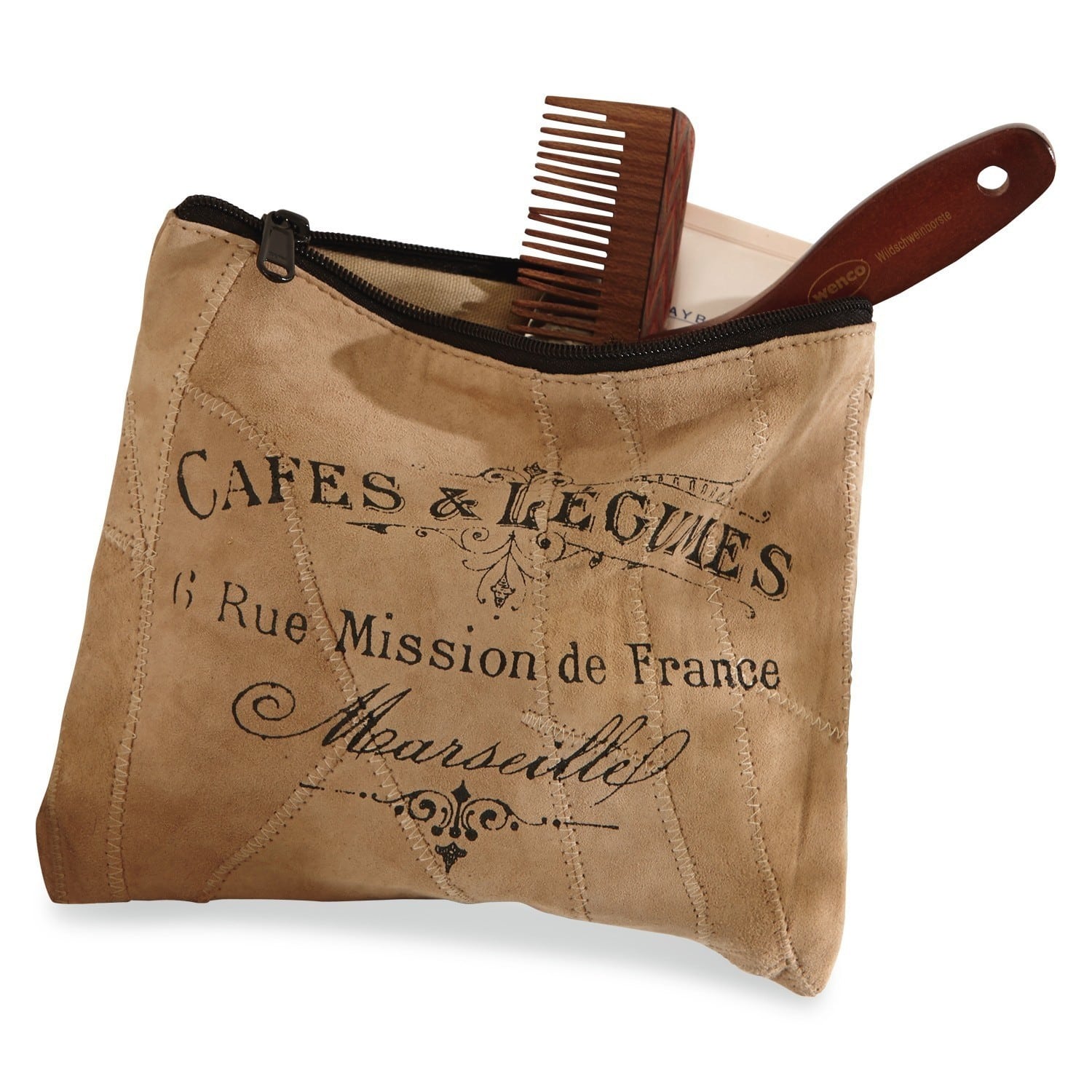 Täschchen Jeannice Beige Leder-Kosmetiktasche mit französischem Schriftzug und schwarzem Reißverschluss