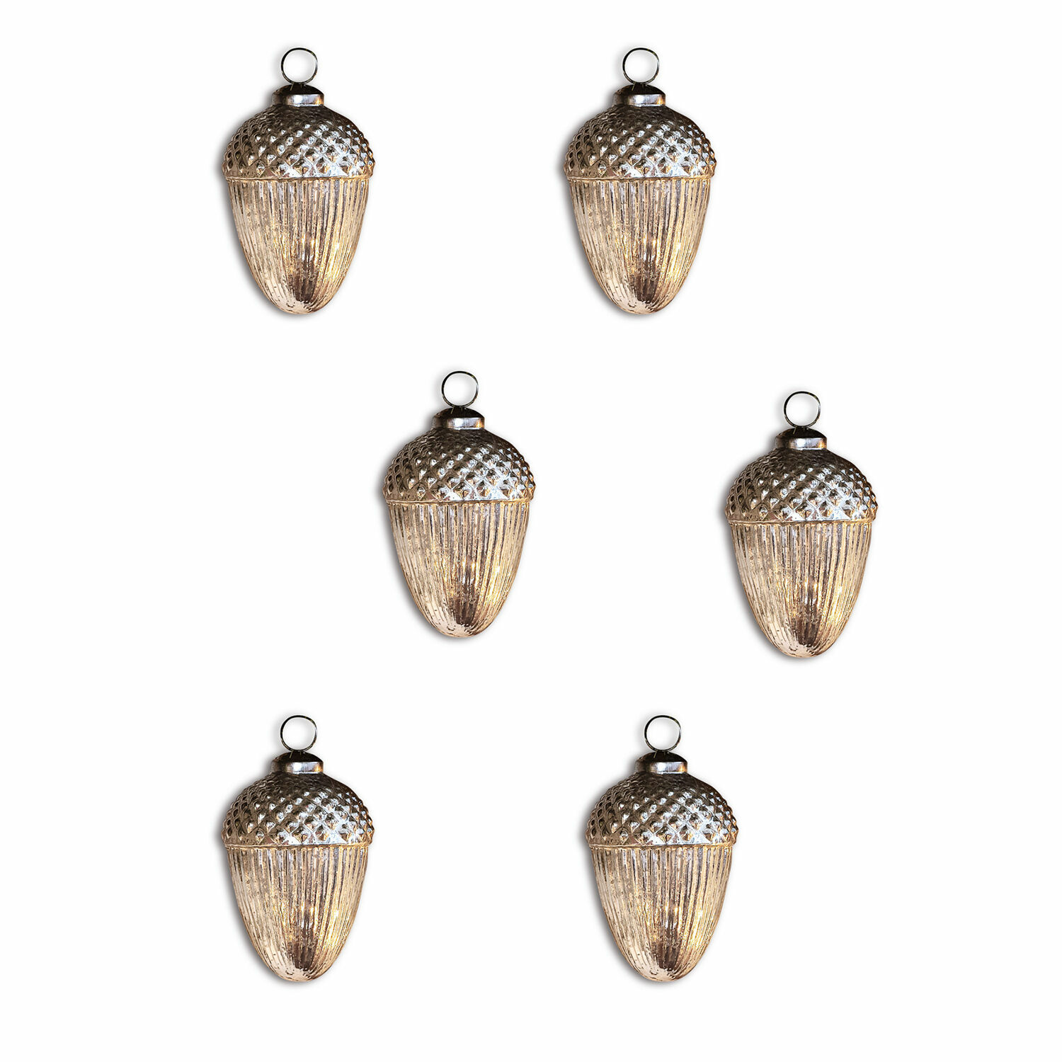 Weihnachtsschmuck 6er Set Gland Sechs dekorative Glasanhänger in Eichelform in Silber für festliche Weihnachtsdekoration