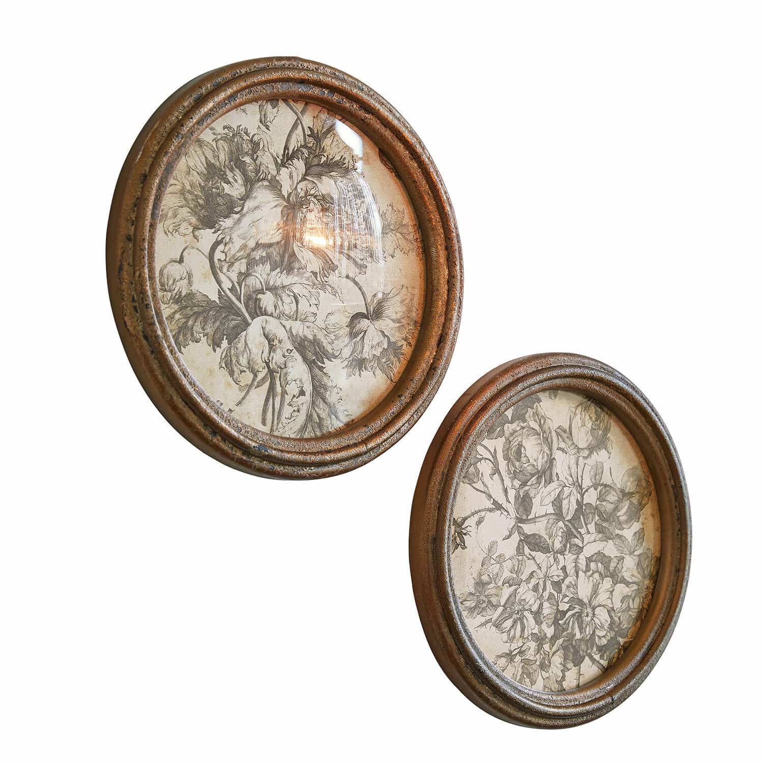 Bild 2er Set Phaurette Zwei ovale braune Metallrahmen mit schwarz-weißen Blumenillustrationen zur Wanddekoration