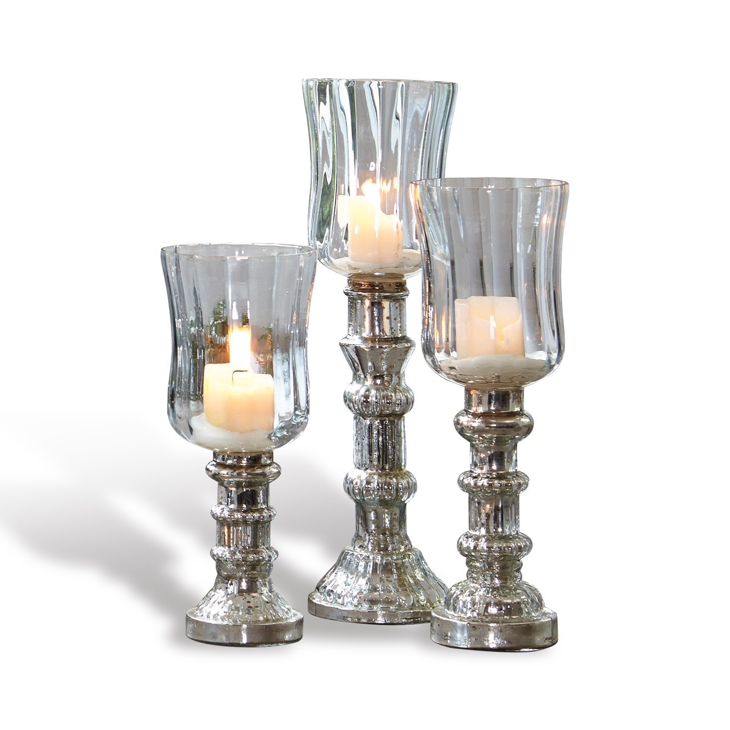 Windlicht 3er Set Fréjeville Set aus drei Glas-Kerzenhaltern mit silberner Metallbasis zur Wohnraumdekoration
