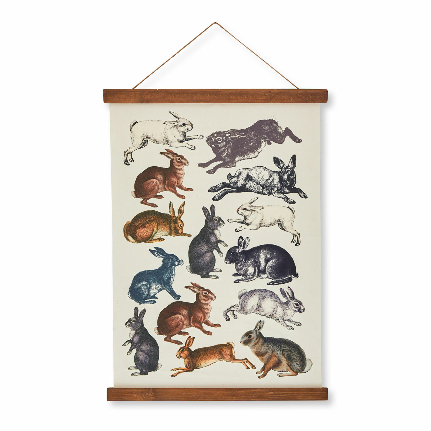 Dekoratives Poster mit vielen bunten Kaninchen auf Leinwand mit Holzrahmen