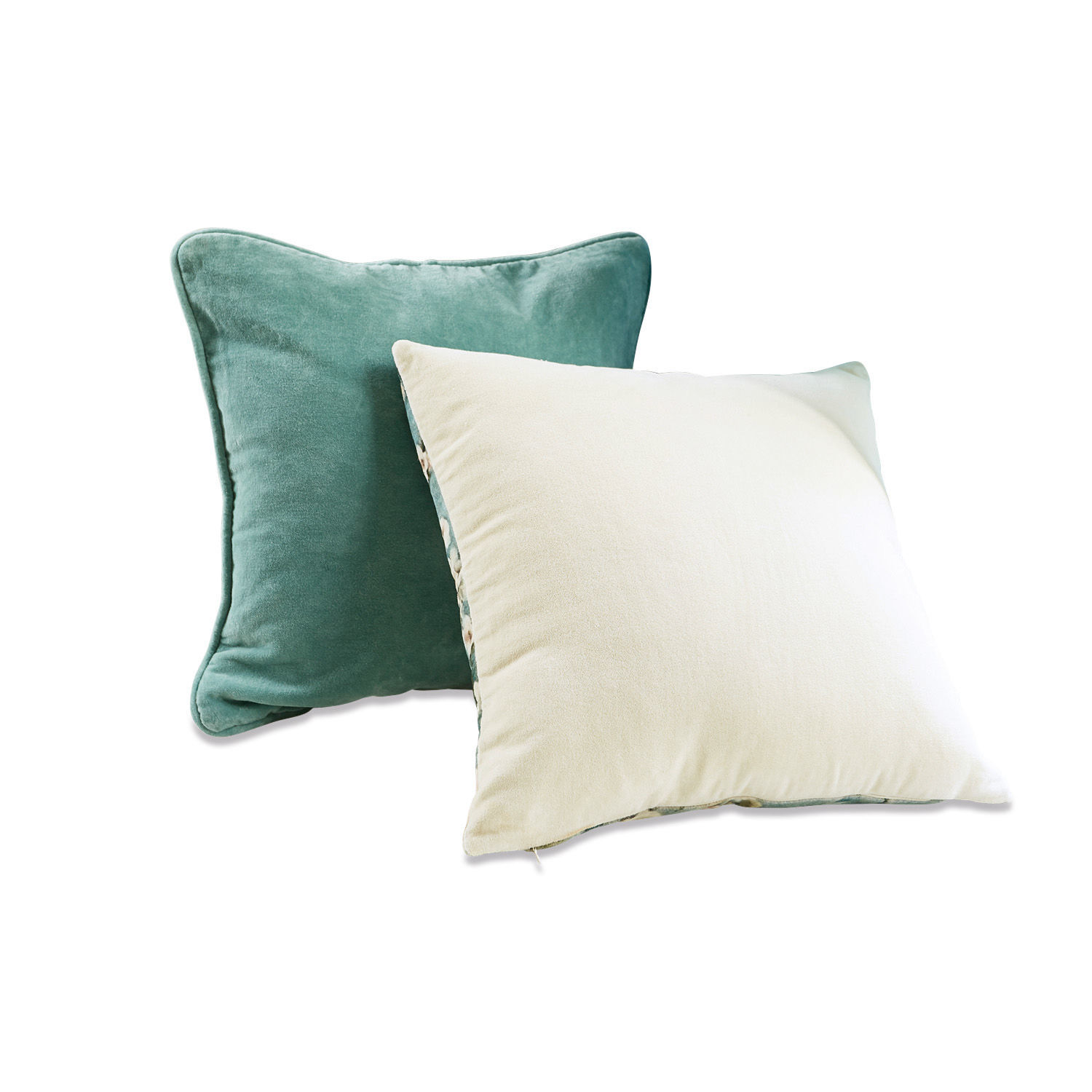 Set aus zwei dekorativen Kissen aus weichem Stoff in Grün und Creme für Wohnräume