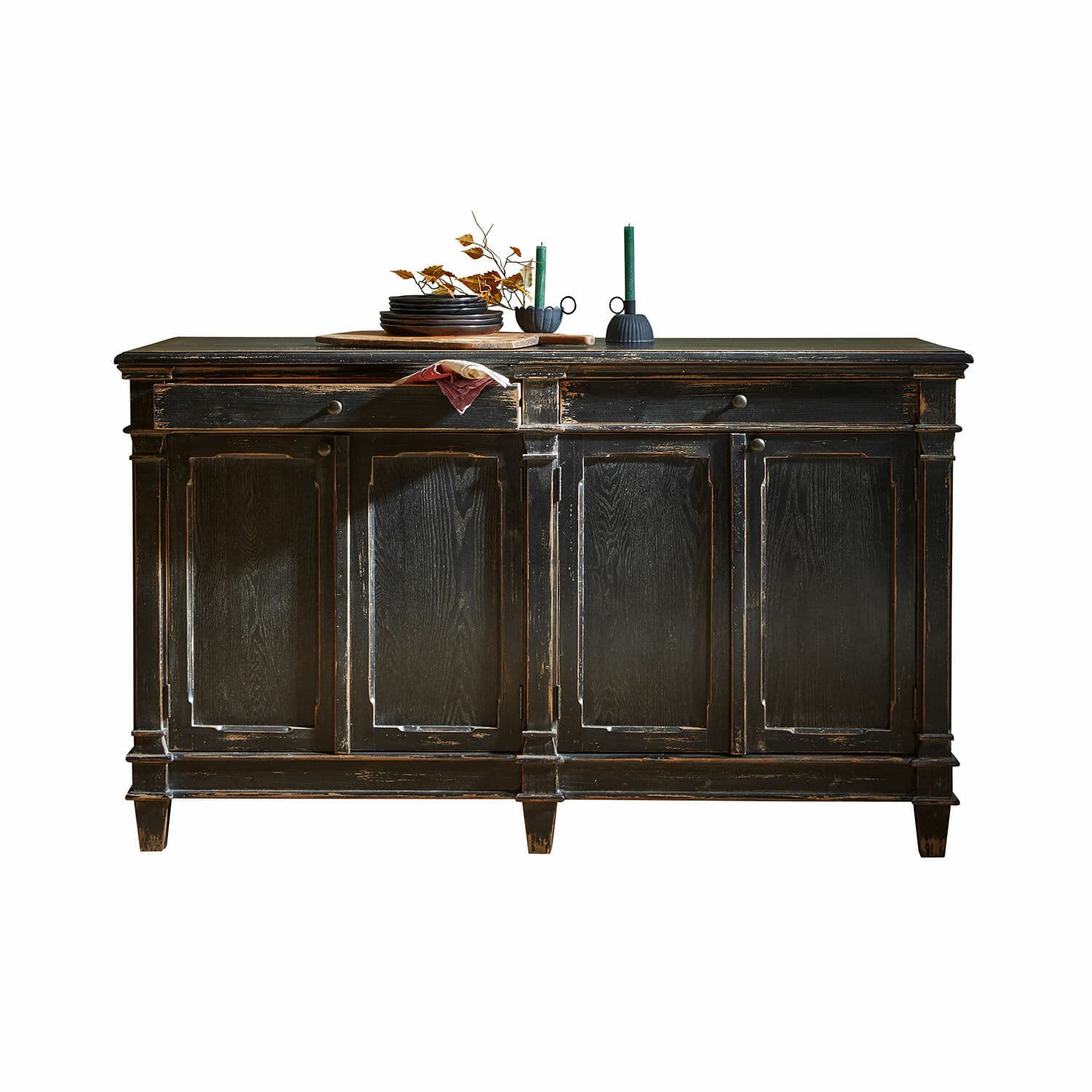 Sideboard Chaveline Schwarze Holzkommode mit Used-Look und vier Türen im Vintage-Stil für Wohnzimmer