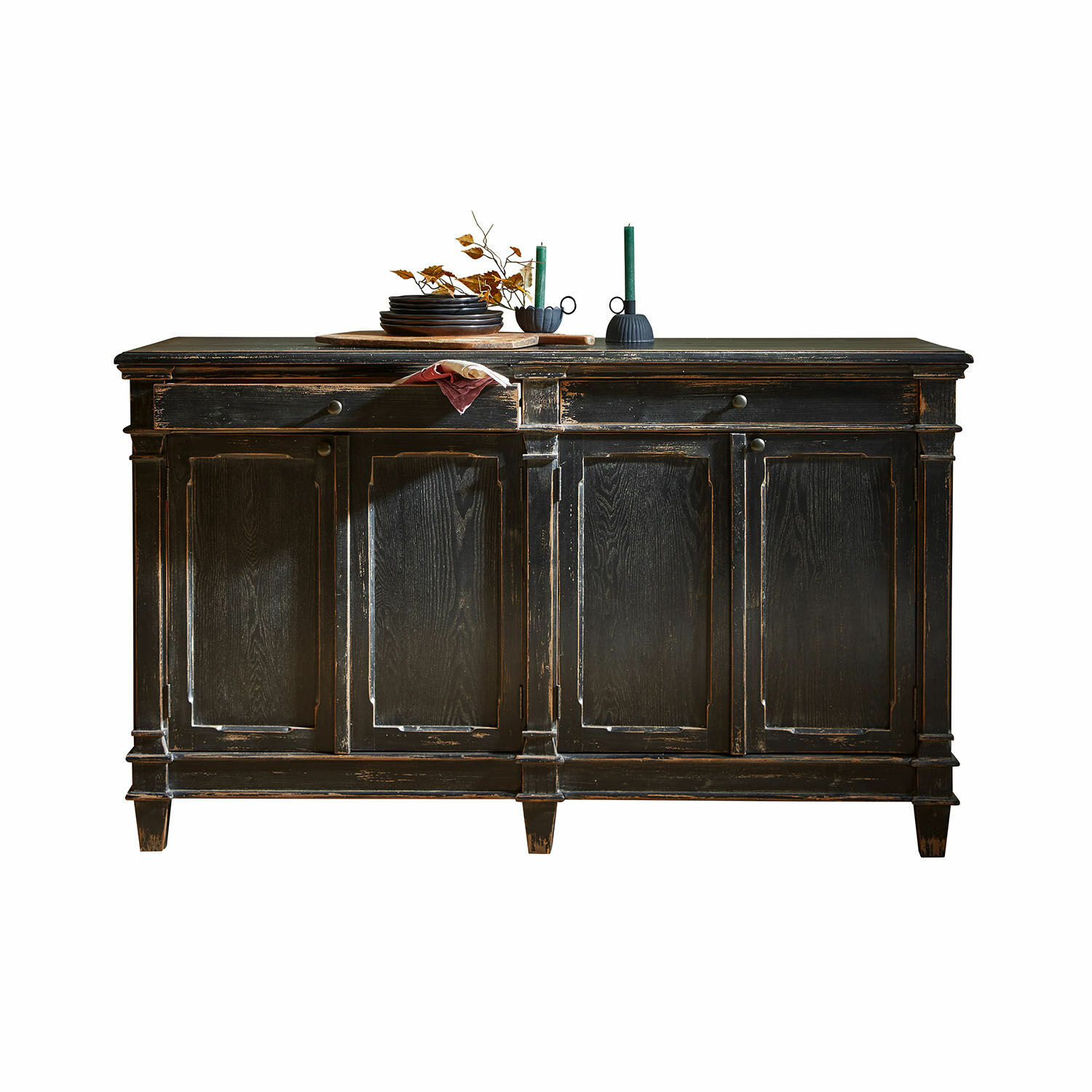 Sideboard Chaveline Schwarze Holzkommode mit Used-Look und vier Türen im Vintage-Stil für Wohnzimmer