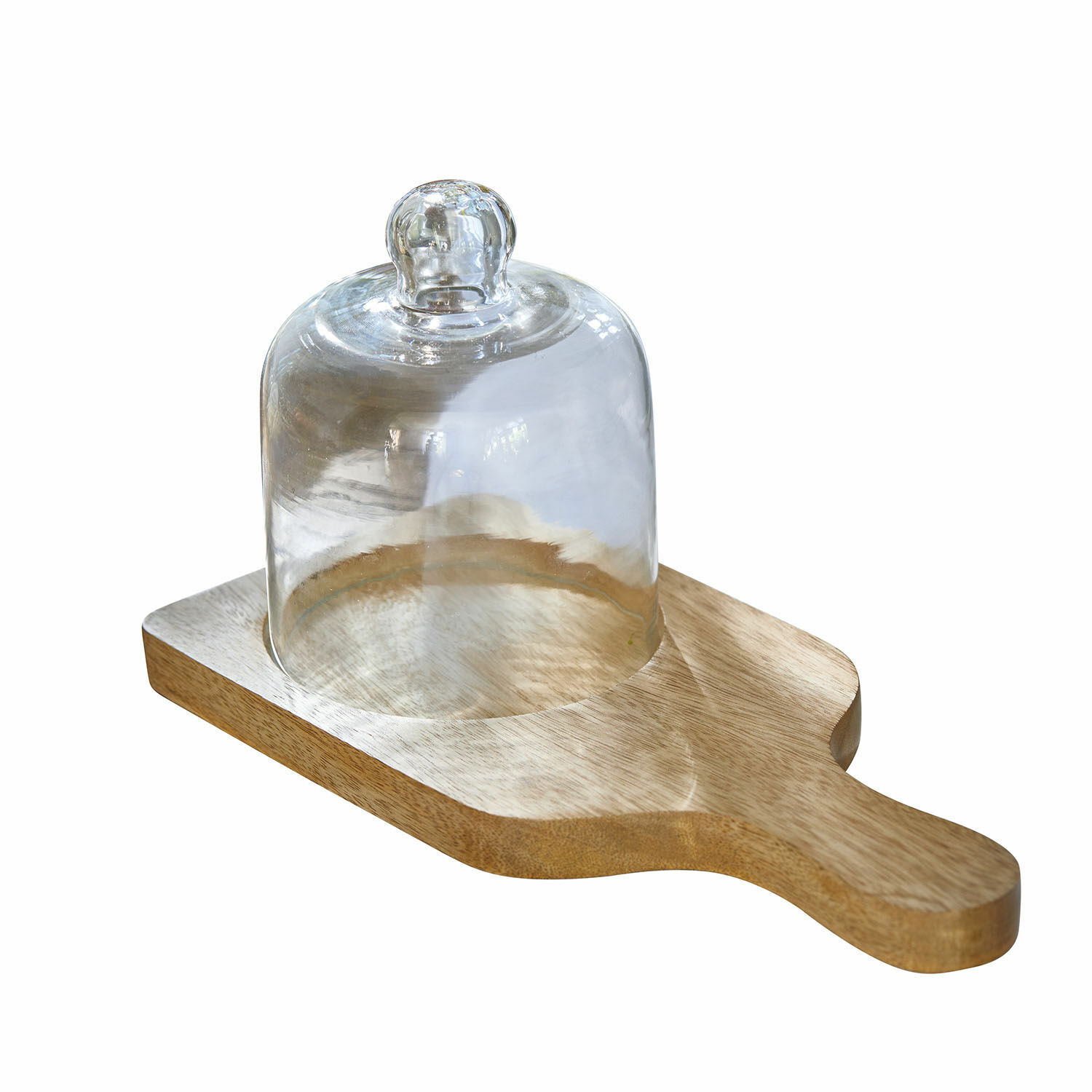 Holzbrett mit transparenter Glasglocke zum Servieren von Käse und Snacks