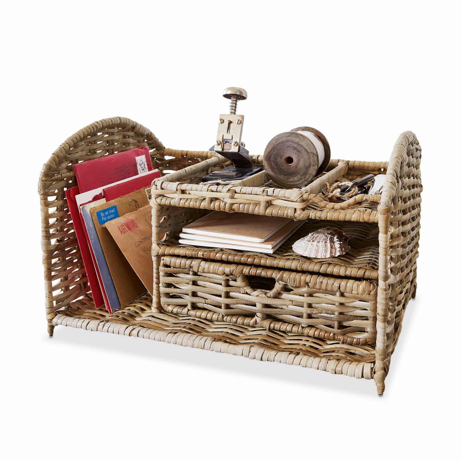 Schreibtisch-Organizer aus natürlichem Rattan mit Fächern für Briefe und Büroaccessoires