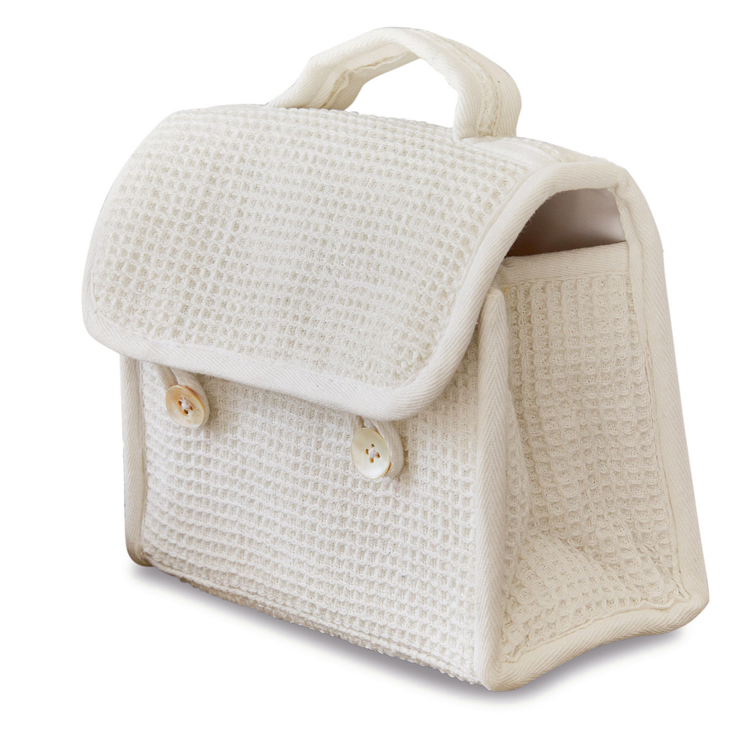 Kleine cremefarbene Tasche aus Waffelstoff mit Griff und Knöpfen, praktisch und stilvoll