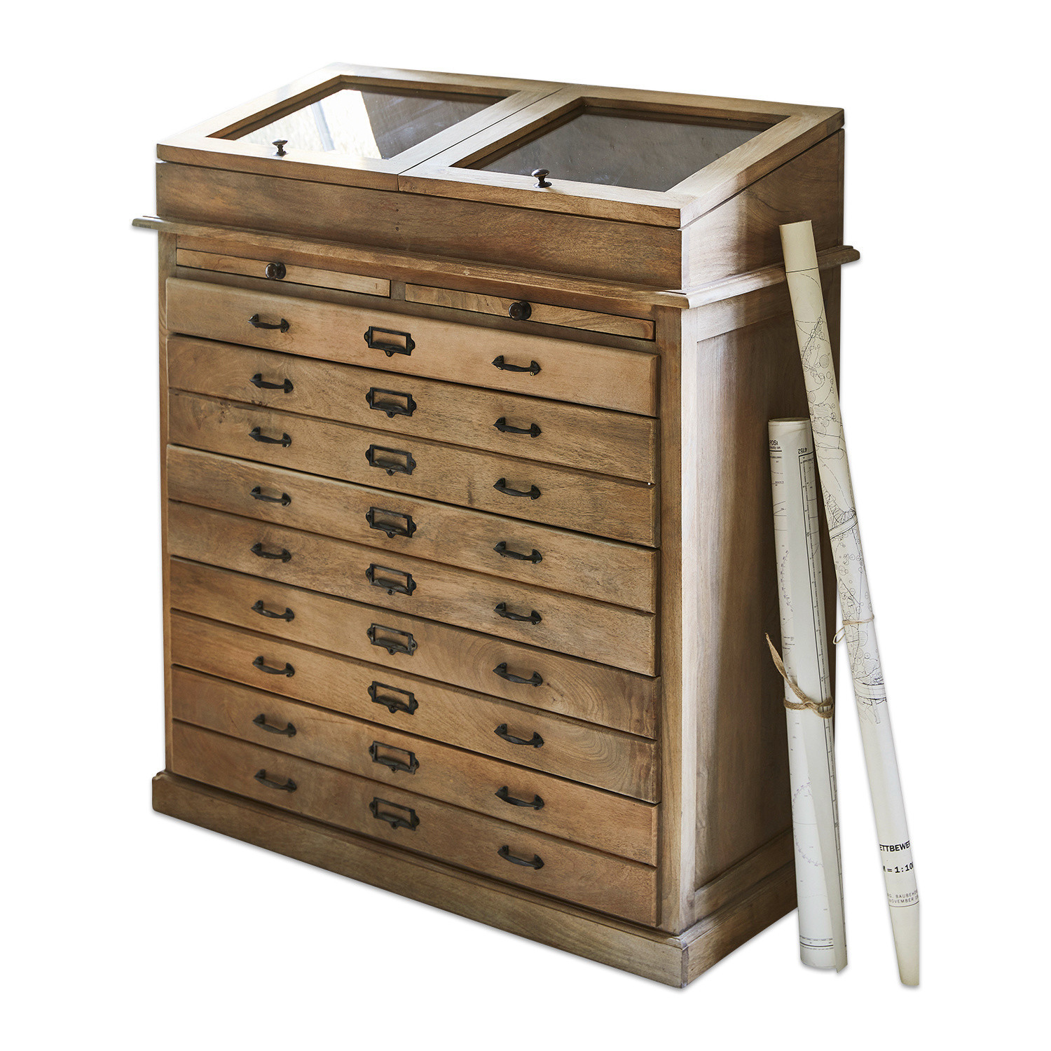 Holzkommode mit vielen Schubladen und Glaseinsätzen, ideal zur Aufbewahrung von Plänen und Dokumenten