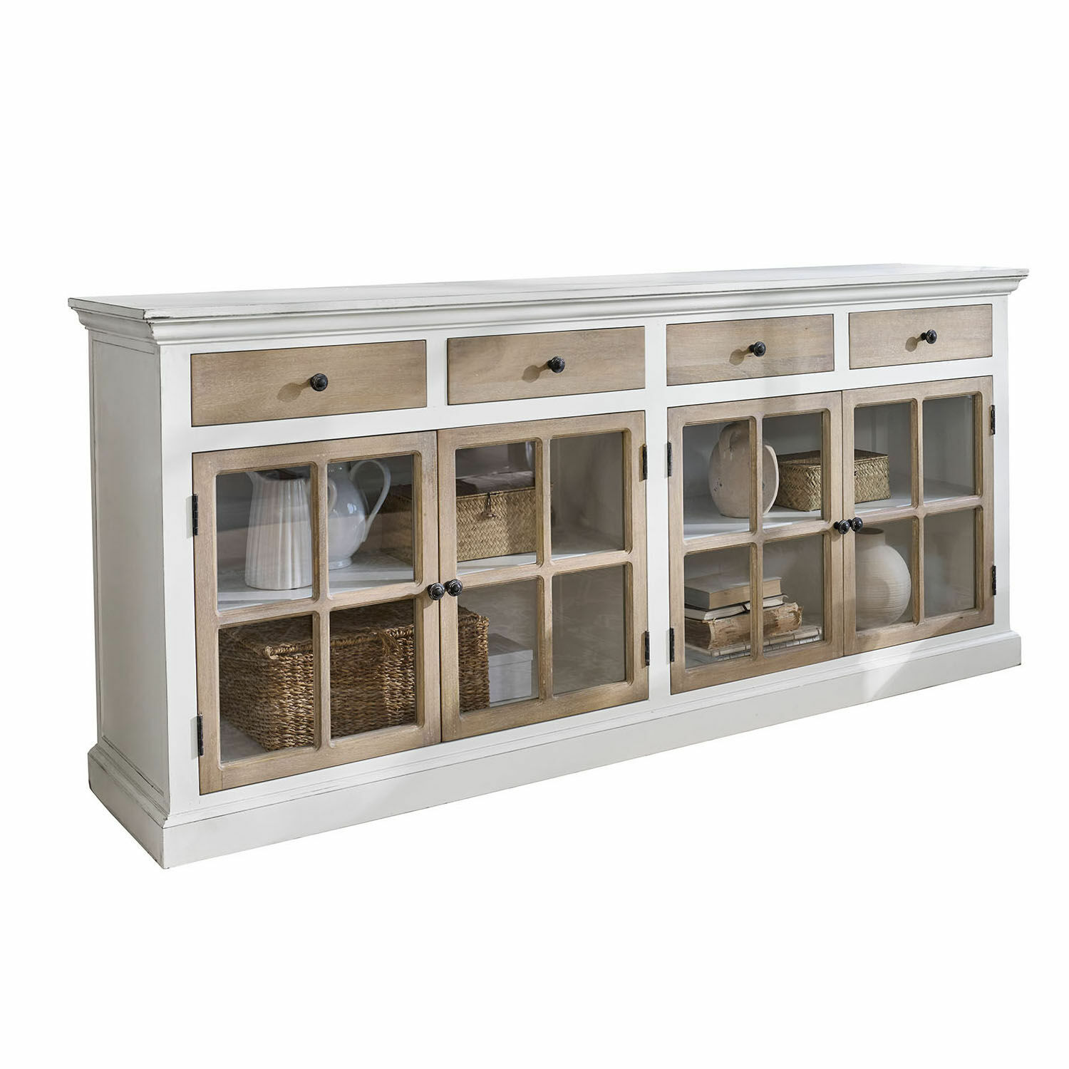 Kommode Marshwood Weiße Holzkommode mit Schubladen und Glastüren im rustikalen Landhausstil