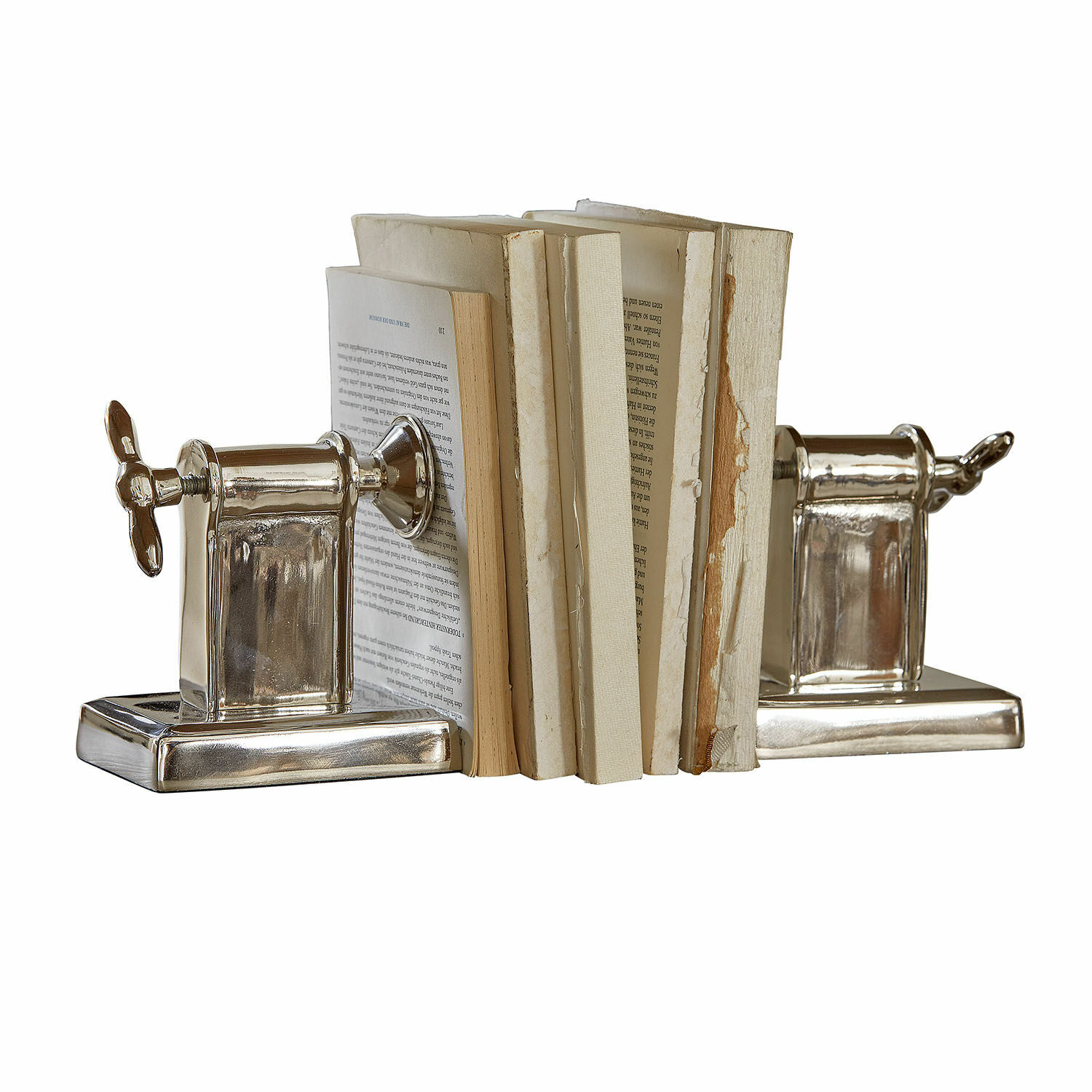Buchstütze 2er Set Iskora Silberne Buchstützen aus Metall in Form einer Nudelmaschine für Schreibtisch oder Regal