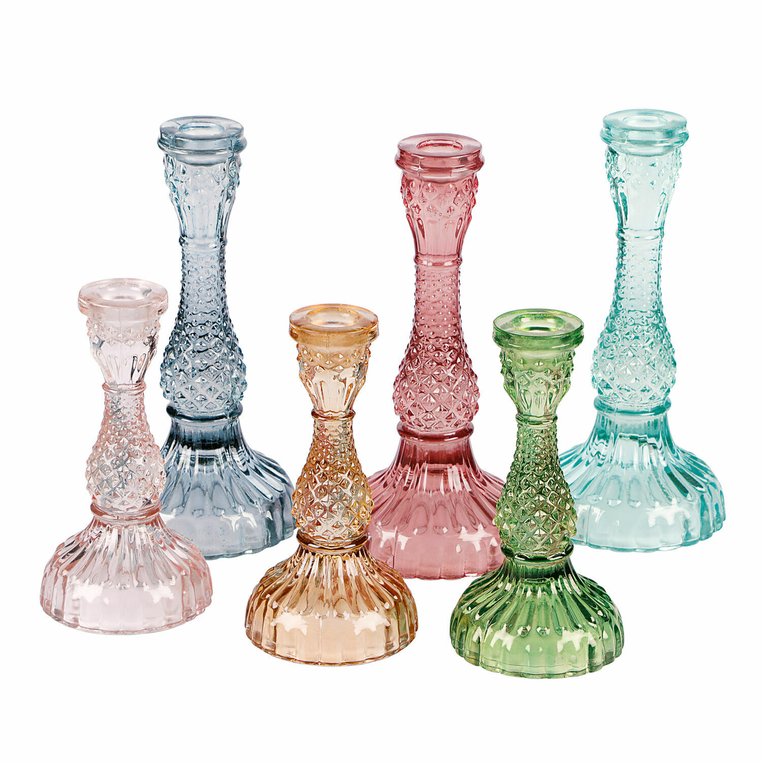 6-teiliges Set bunter Moana Kerzenständer aus Glas mit dekorativem Muster, Tischdeko