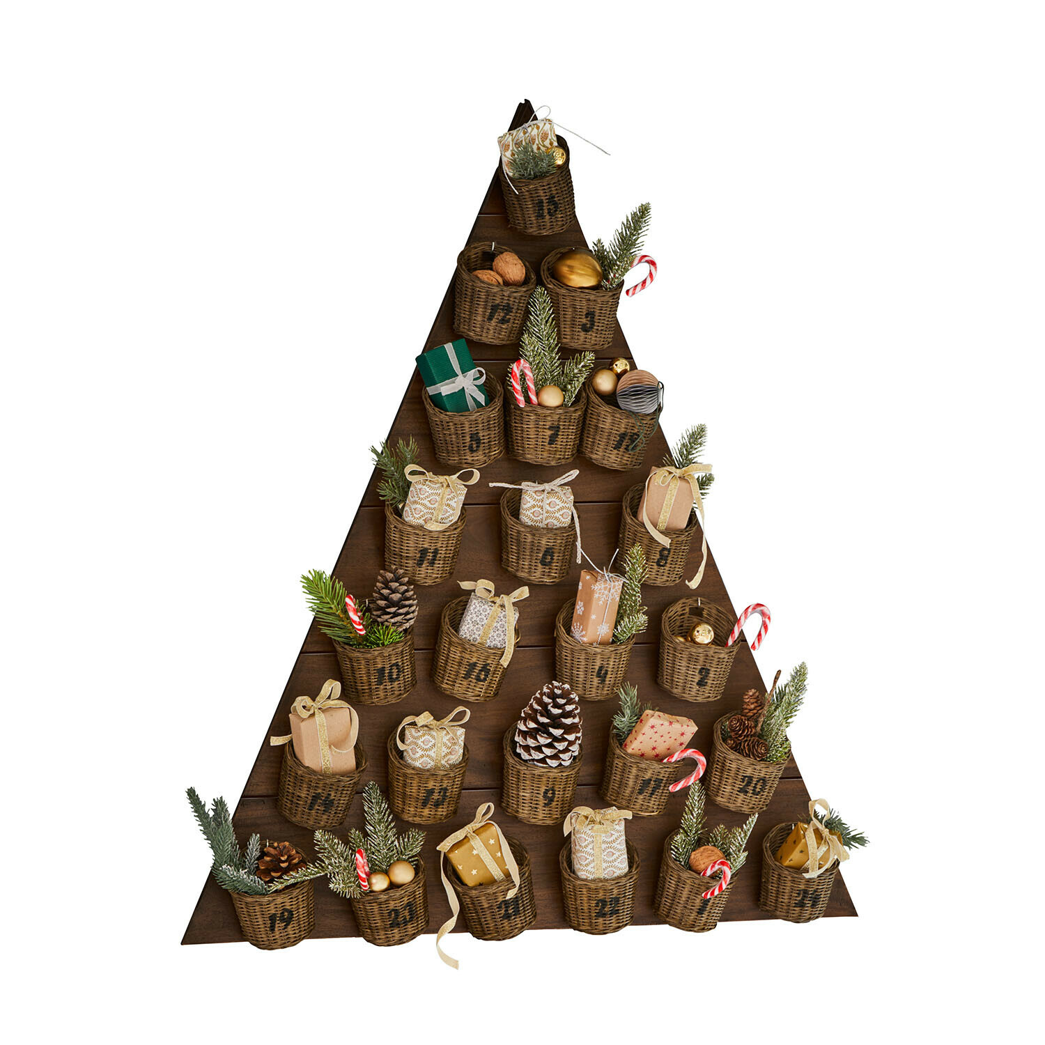 Adventskalender Veldaen Holz-Adventskalender in Tannenbaumform mit geflochtenen Körben und weihnachtlicher Dekoration