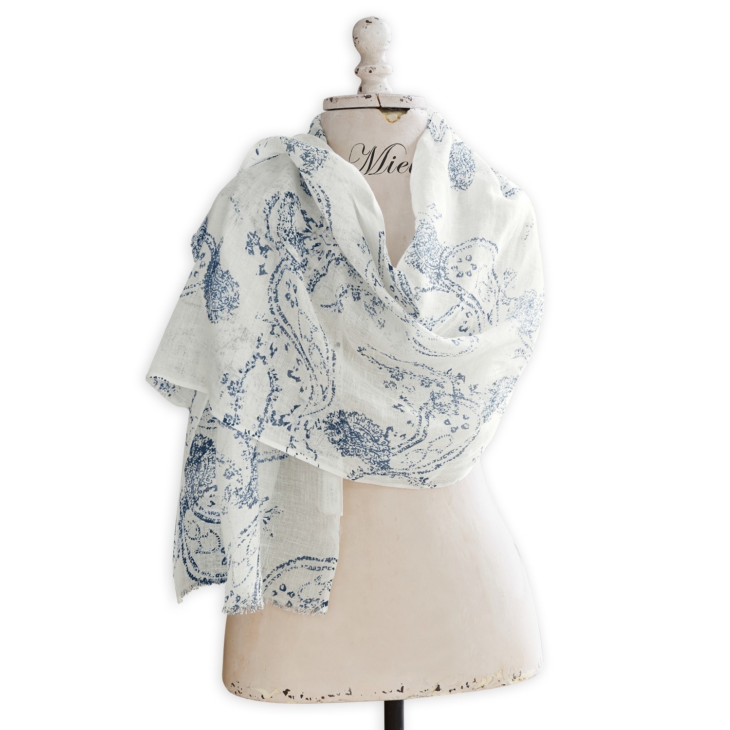 Leichter weißer Leinenschal mit blauem Paisley-Muster, modisches Accessoire für Frühling und Sommer