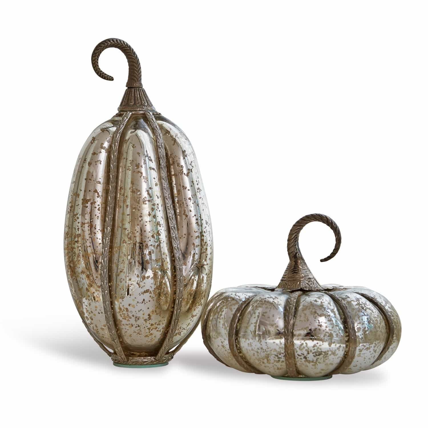 Kürbis 2er Set Kiyo Dekorative Kürbisse aus Glas und Metall in Silber mit antikem Finish für herbstliche Deko