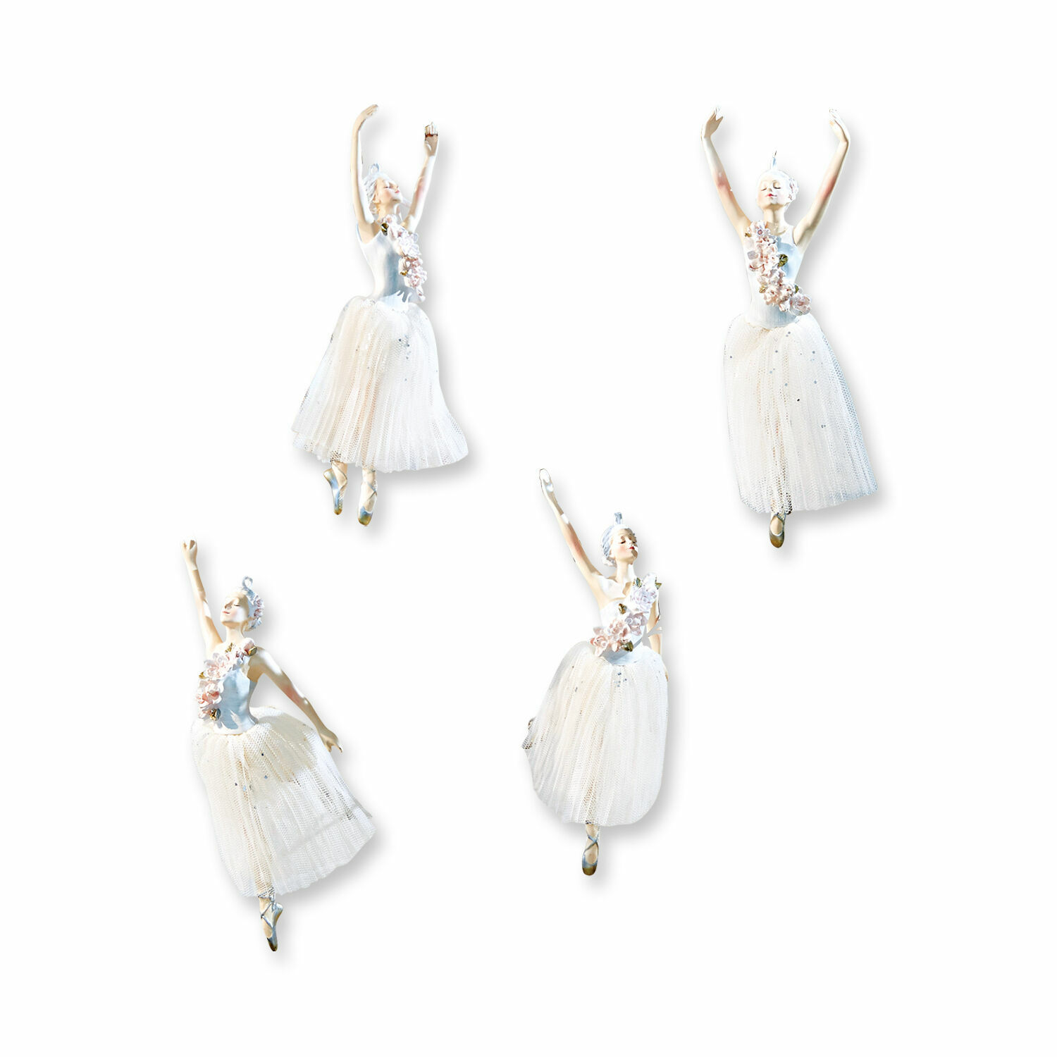 Set aus vier weißen Ballerina-Figuren mit Tüllröcken und Blumenverzierung, Wanddekoration