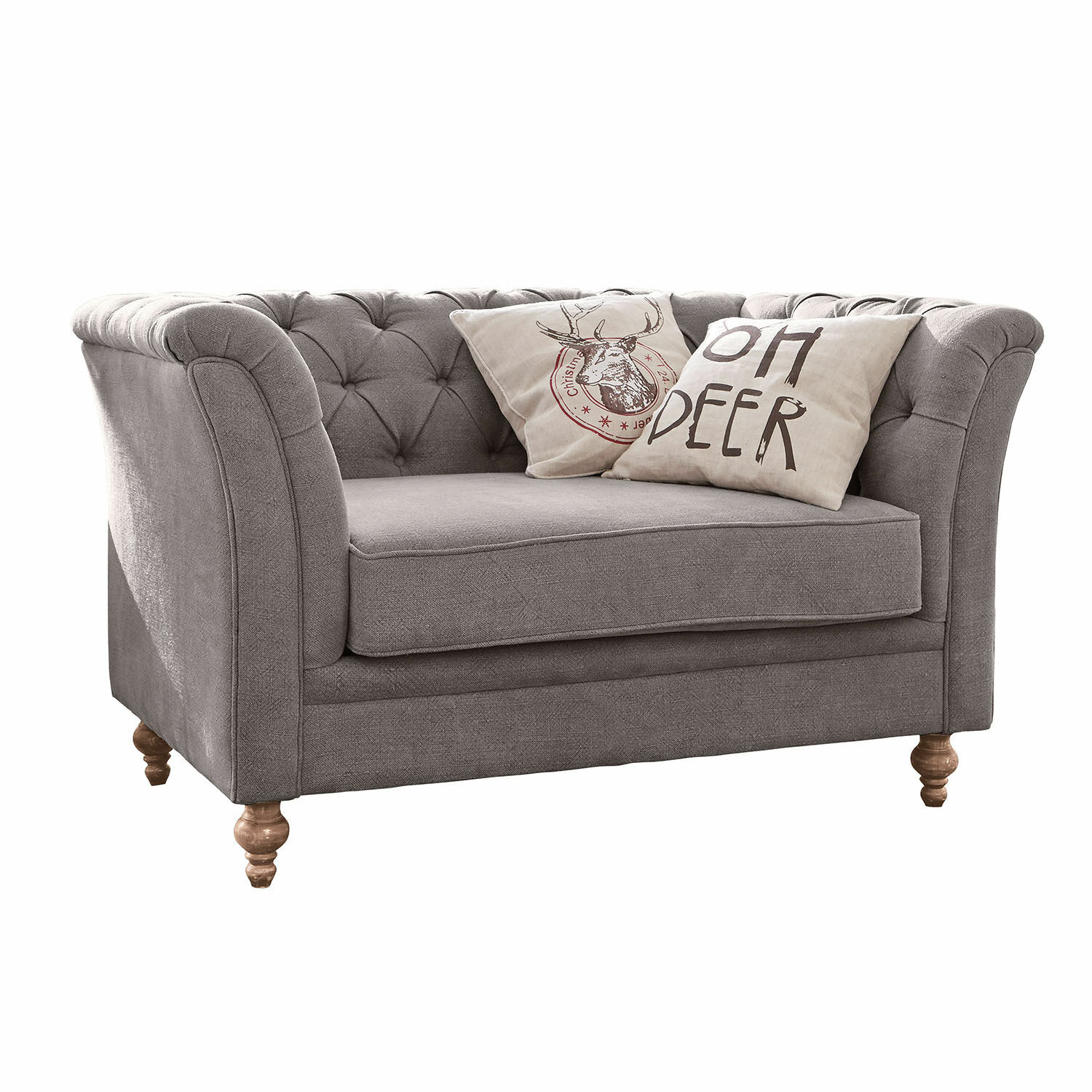 Sofa Clères Graues Sofa aus Stoff mit gesteppter Rückenlehne und Holzbeinen, dekoriert mit Hirsch-Motiv-Kissen