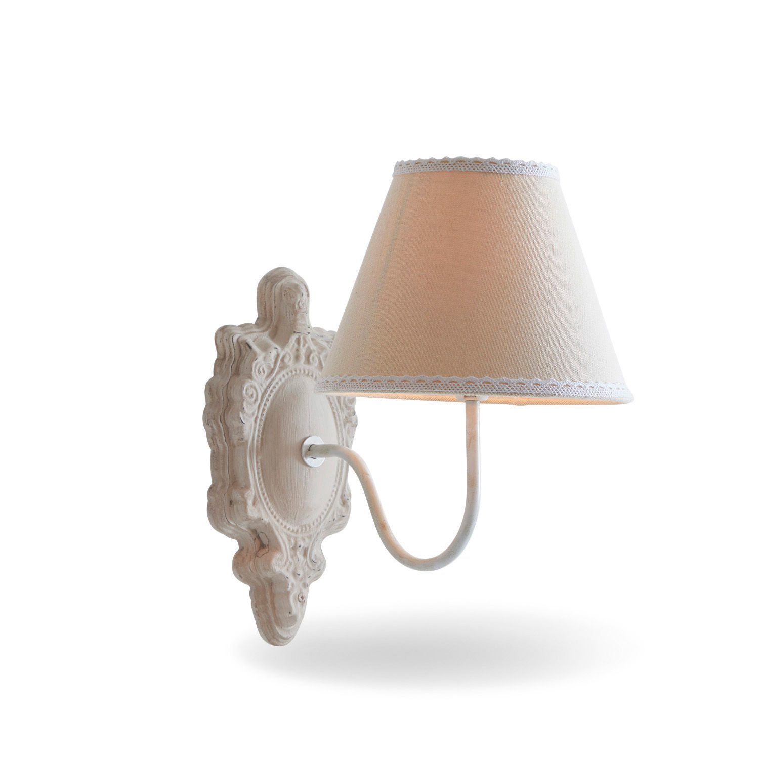 Wandlampe Ascoux Weiße Wandleuchte mit Stoffschirm und verzierter Holzbasis im Vintage-Stil