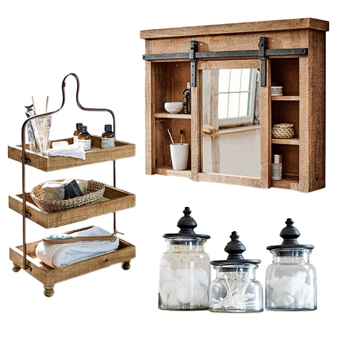 Badezimmer-Set aus Holz mit Spiegel, Regal, Handtuchhalter und Glasbehältern für Kosmetikartikel