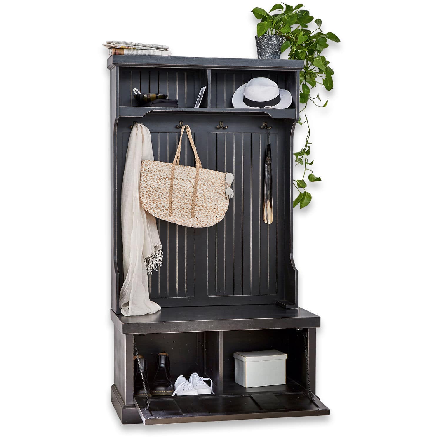Schwarzer Holz-Garderobenschrank mit Haken und Fächern für Schuhe und Accessoires