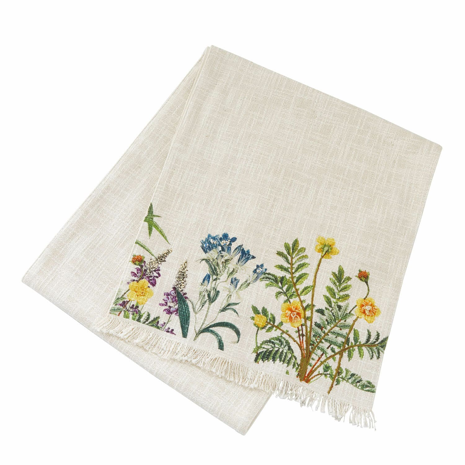 Tischläufer Yolevir Leinentischdecke in Naturfarbe mit buntem Blumenmuster und Fransen an den Rändern