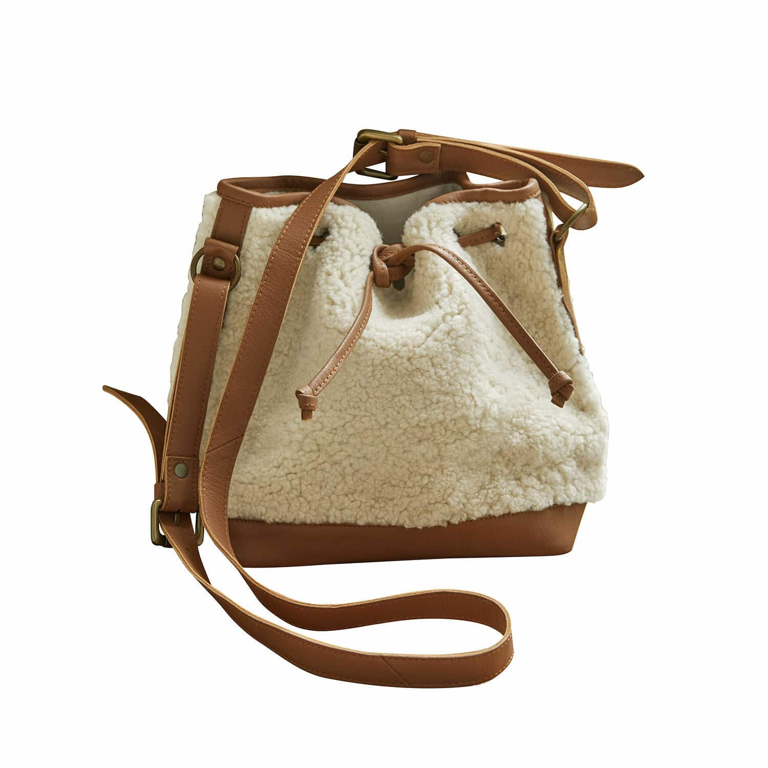 Tasche Bellaros Umhängetasche aus beigem Kunstfell und braunem Kunstleder mit verstellbarem Riemen