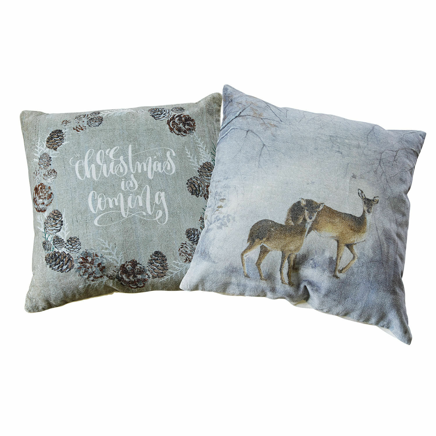 Kissenhülle 2er Set Christmas is coming Set aus zwei dekorativen Kissen in Grau mit Weihnachts- und Hirschmotiv, weiches Material für Wohnraum