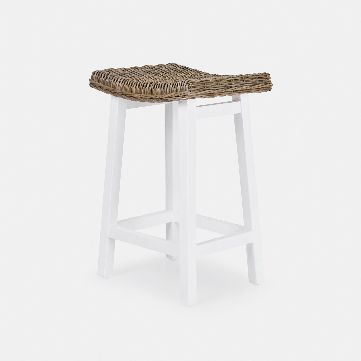 Hocker Arovian Barhocker aus weißem Holz mit braunem geflochtenem Rattansitz, Küchenmöbel im Landhausstil