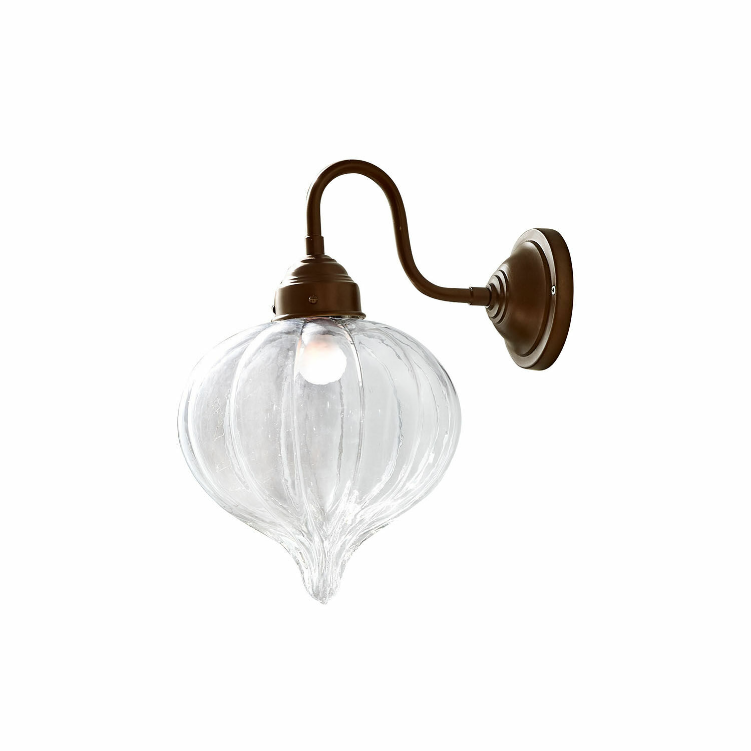 Wandlampe Baisse Wandleuchte aus braunem Metall mit klarer Glaslampe in Zwiebel-Form für Innen und Außen