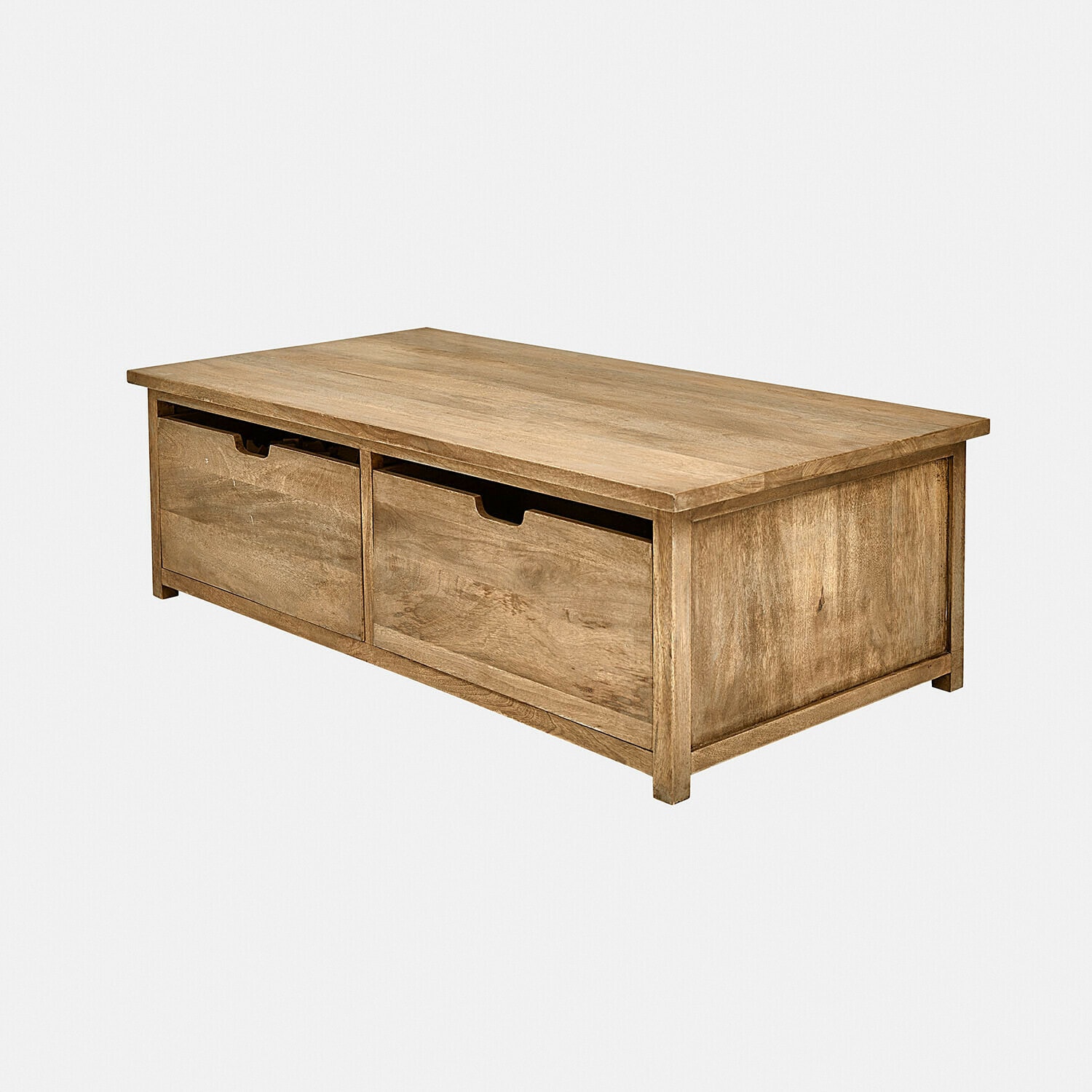 Couchtisch aus Mangoholz in Naturfarbe mit zwei Schubladen für Stauraum
