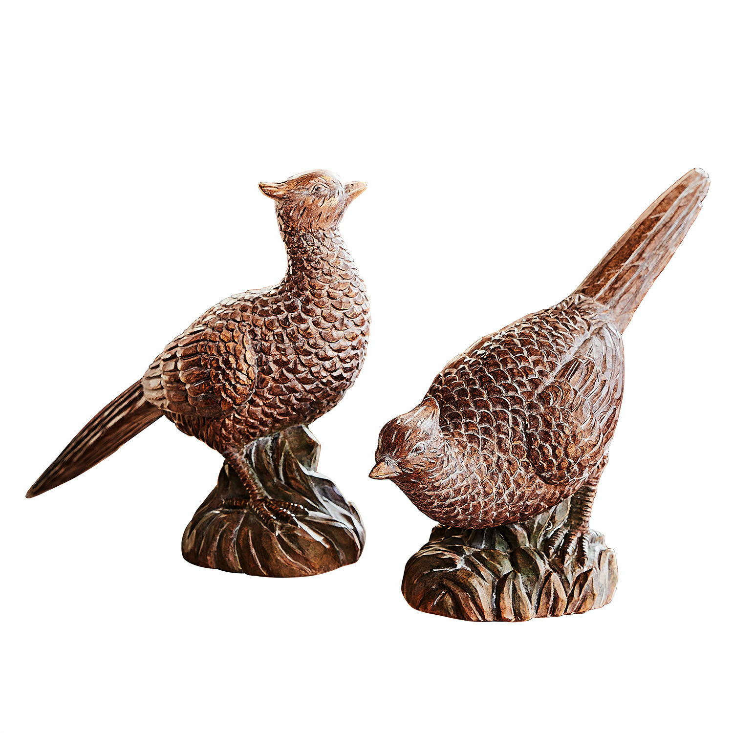 Deko-Vogel 2er Set Vivoso Braune Holzvogel-Skulpturen auf Sockel, dekorative Figuren für Haus und Garten