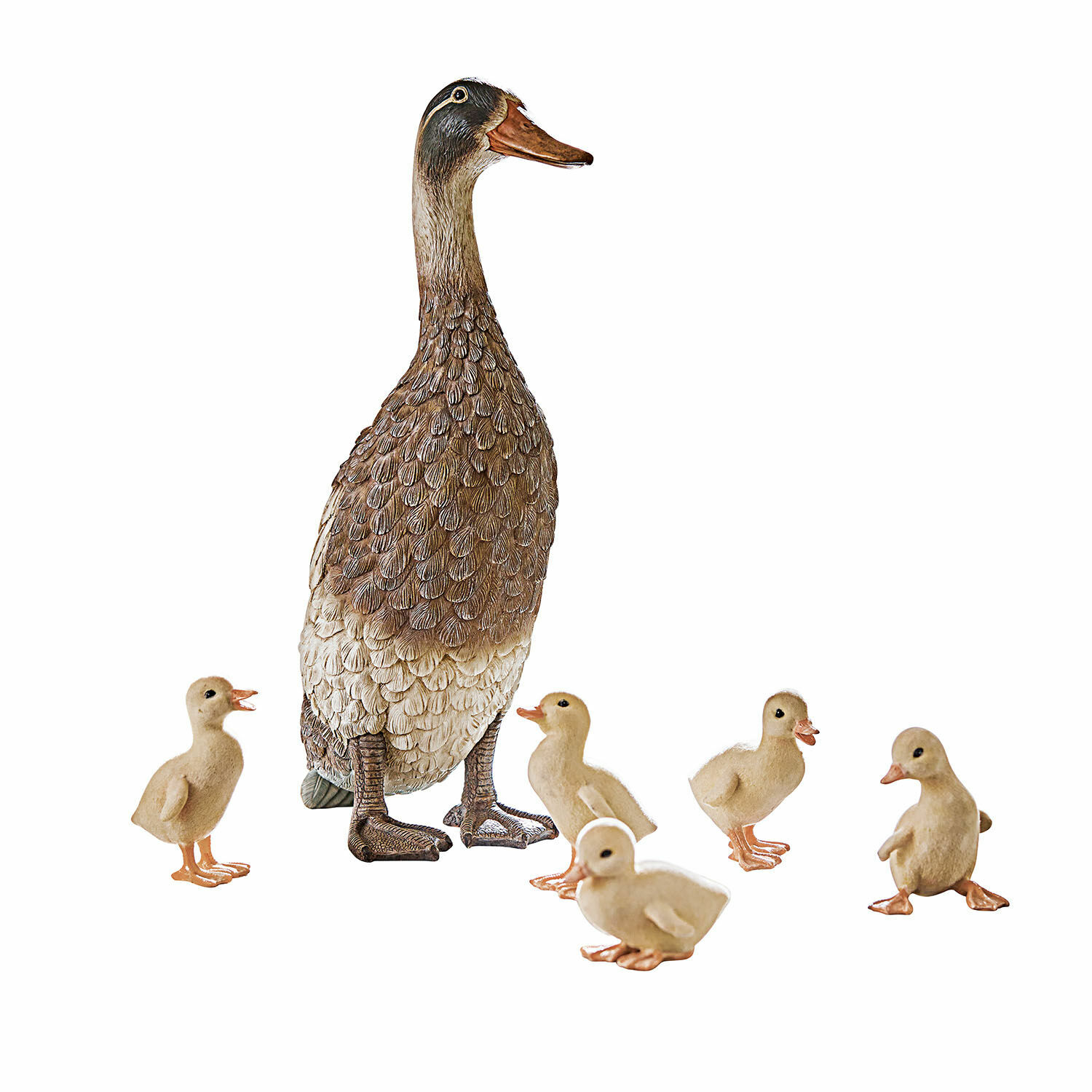 Ente und Küken 6er Set Levevre Deko-Figurenteichente mit fünf kleinen Küken in natürlichen Braun- und Cremetönen für Garten