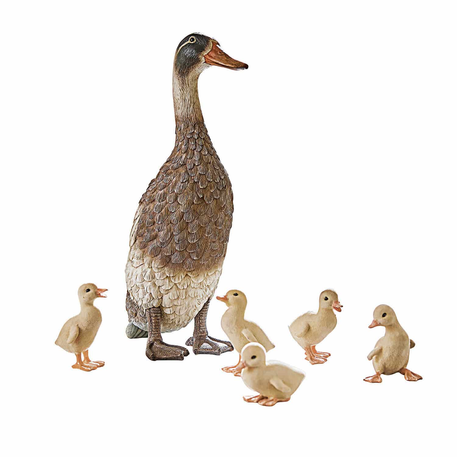 Ente und Küken 6er Set Levevre Deko-Figurenteichente mit fünf kleinen Küken in natürlichen Braun- und Cremetönen für Garten