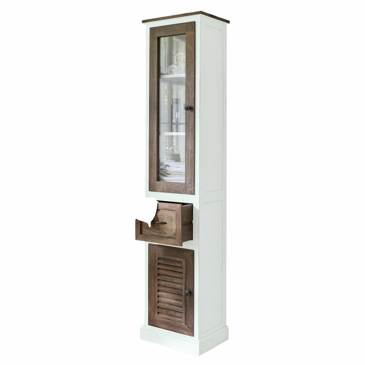 Hoher Holzschrank in Weiß und Braun mit Schublade und Glastür für praktischen Stauraum