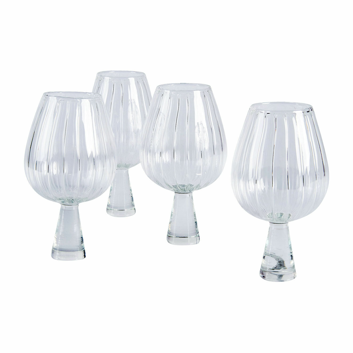 Set aus vier transparenten, gerillten Gläsern mit konischem Glasfuß aus klarem Glas