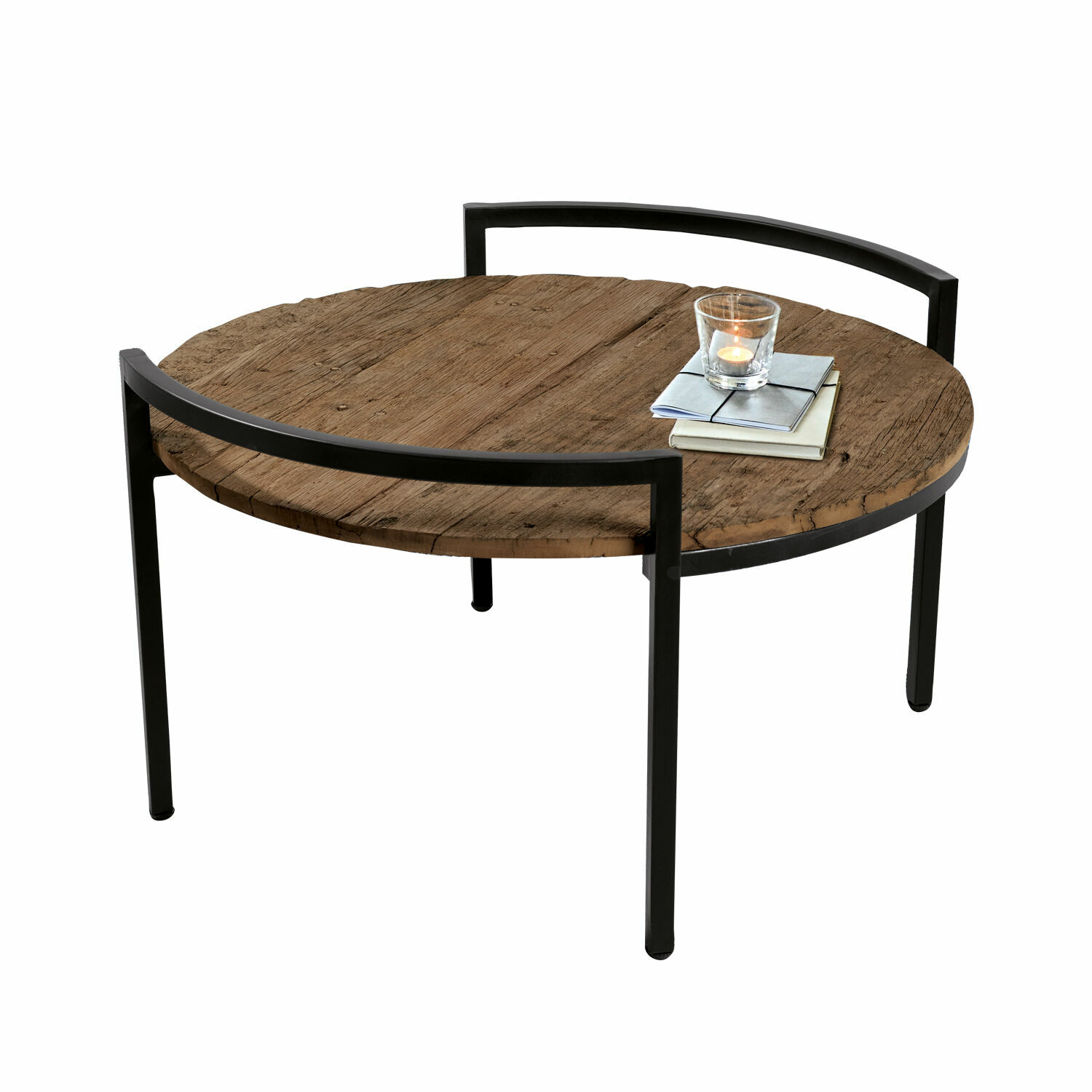Couchtisch Rosemill Runder Couchtisch mit Holzplatte und schwarzem Metallgestell, moderner Wohnzimmertisch