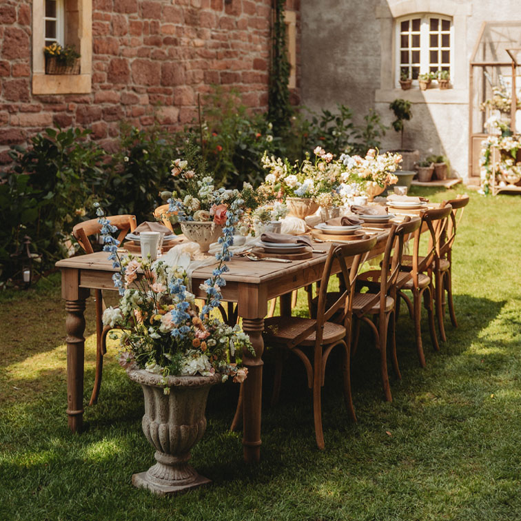 Holztisch im Garten mit Blumenarrangements und Stühlen auf grünem Rasen bei Sonnenschein