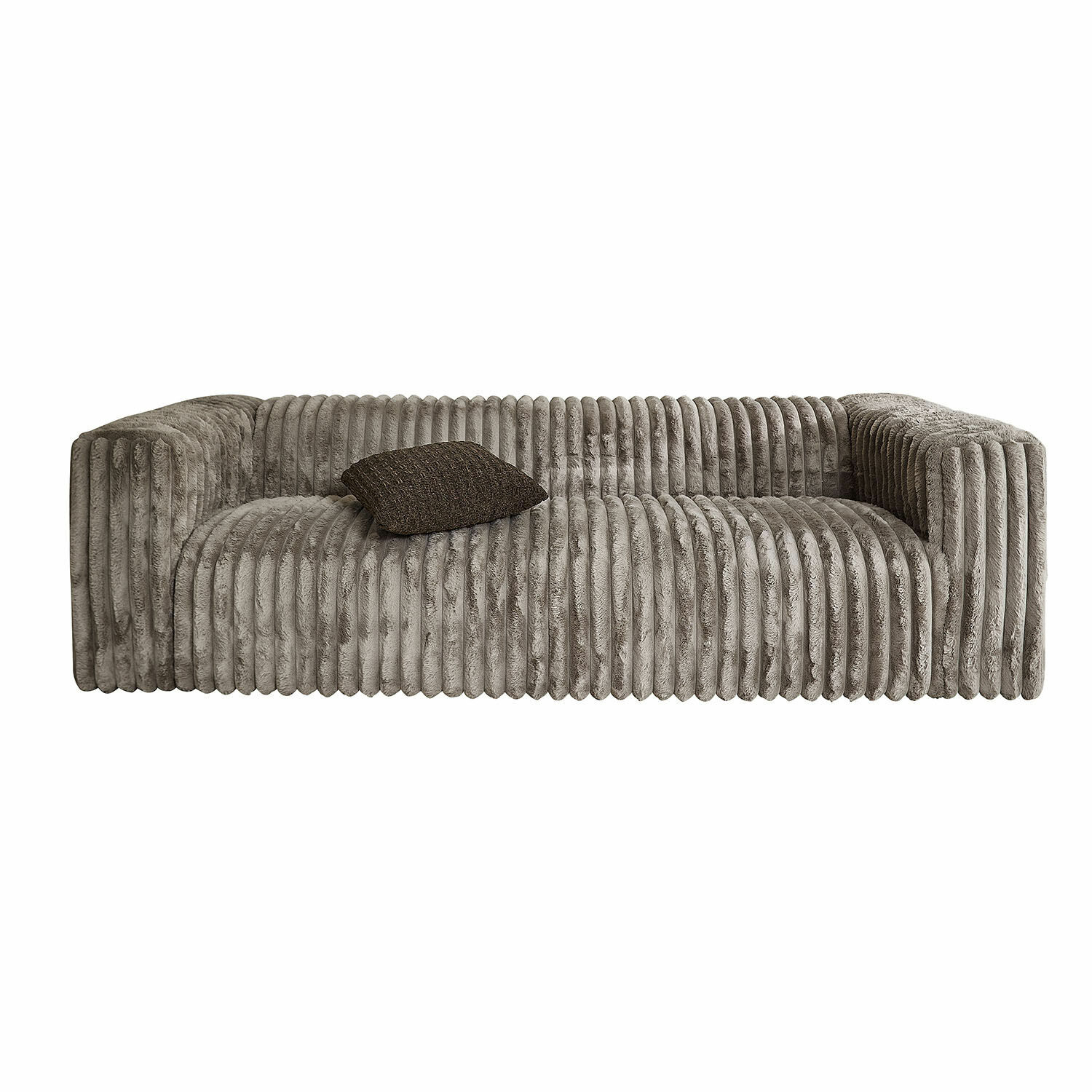 Sofa Roucemont Graues Sofa aus weichem Plüsch mit vertikalen Nähten und dunklem Dekokissen
