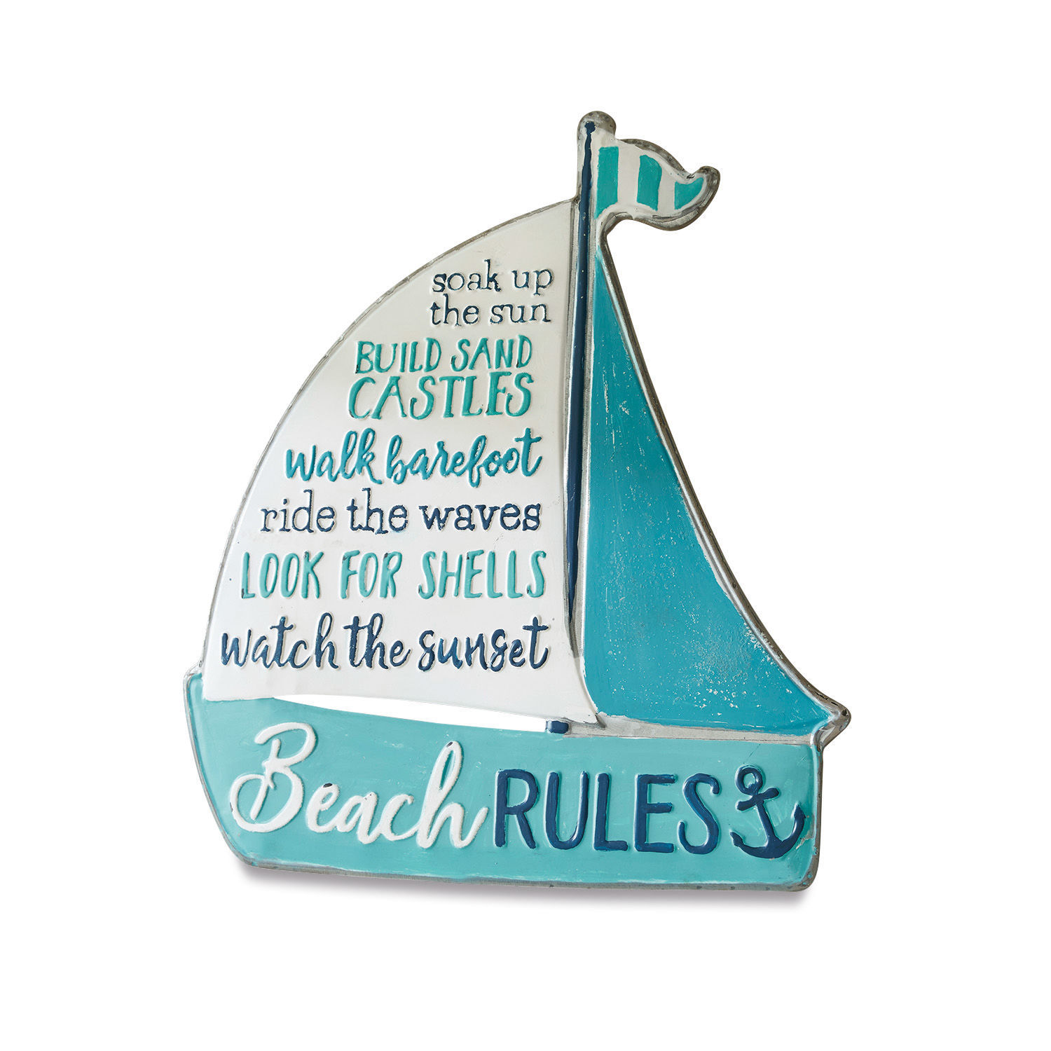Dekoratives Segelboot aus Holz in Türkis und Weiß mit Schriftzug Beach Rules für Stranddeko