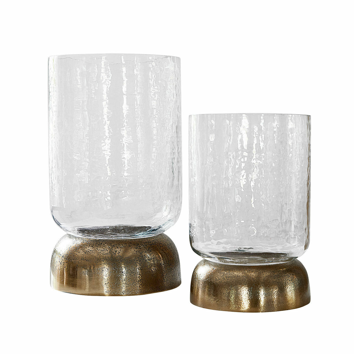 Windlicht 2er Set Biserre Set aus zwei Glaswindlichtern mit messingfarbenem Sockel, transparentes strukturiertes Glas, Wohnaccessoire
