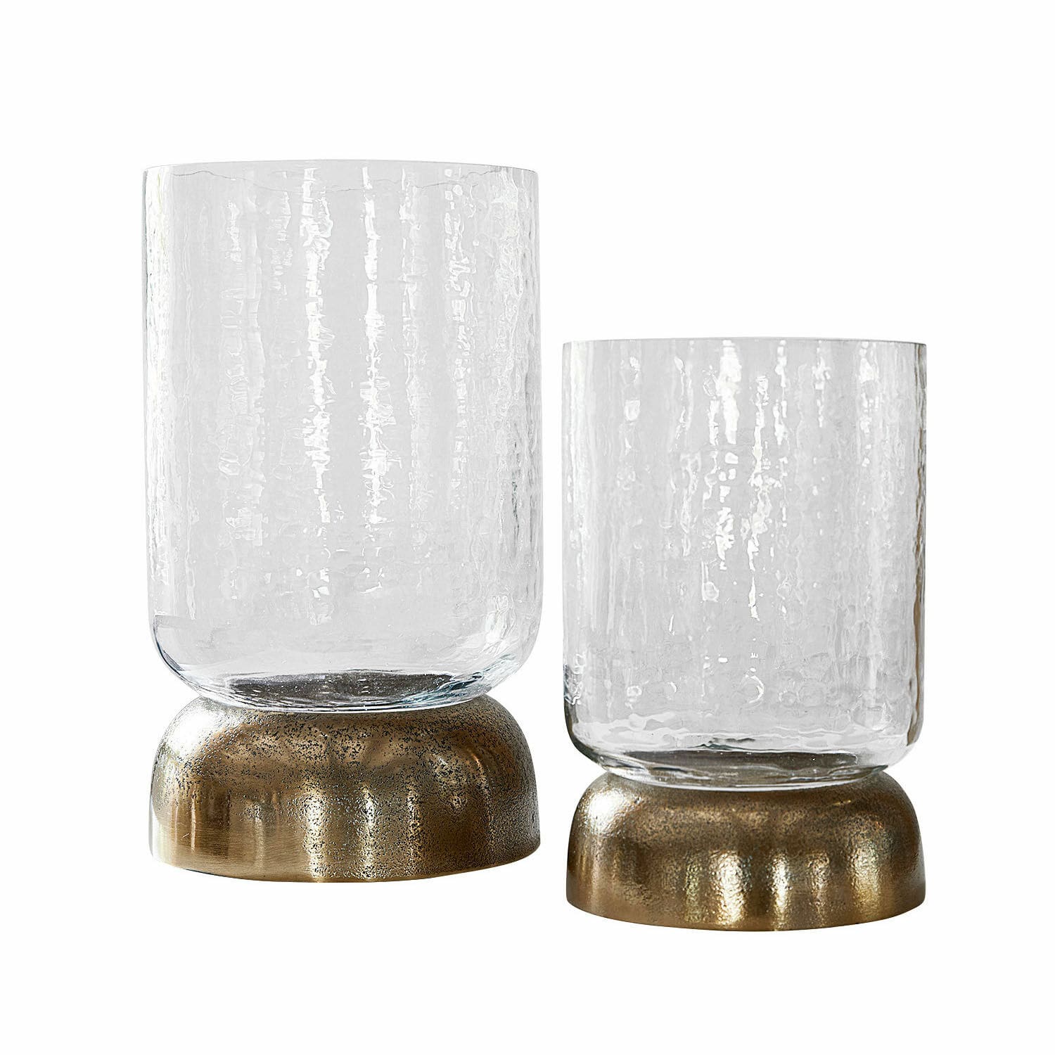 Windlicht 2er Set Biserre Set aus zwei Glaswindlichtern mit messingfarbenem Sockel, transparentes strukturiertes Glas, Wohnaccessoire