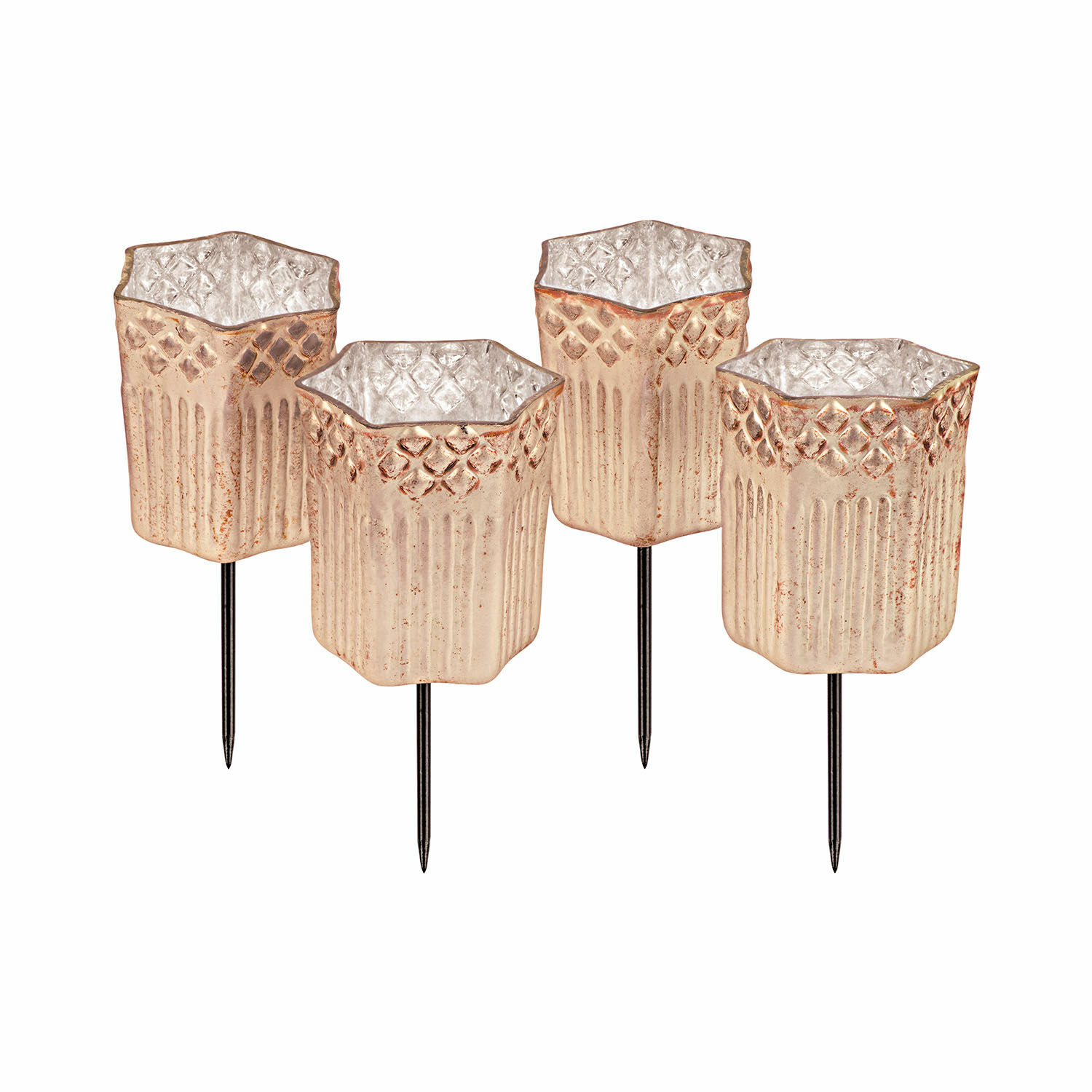 Set aus 4 kupferfarbenen Glaslaternen mit Metallspießen für Gartendekoration.