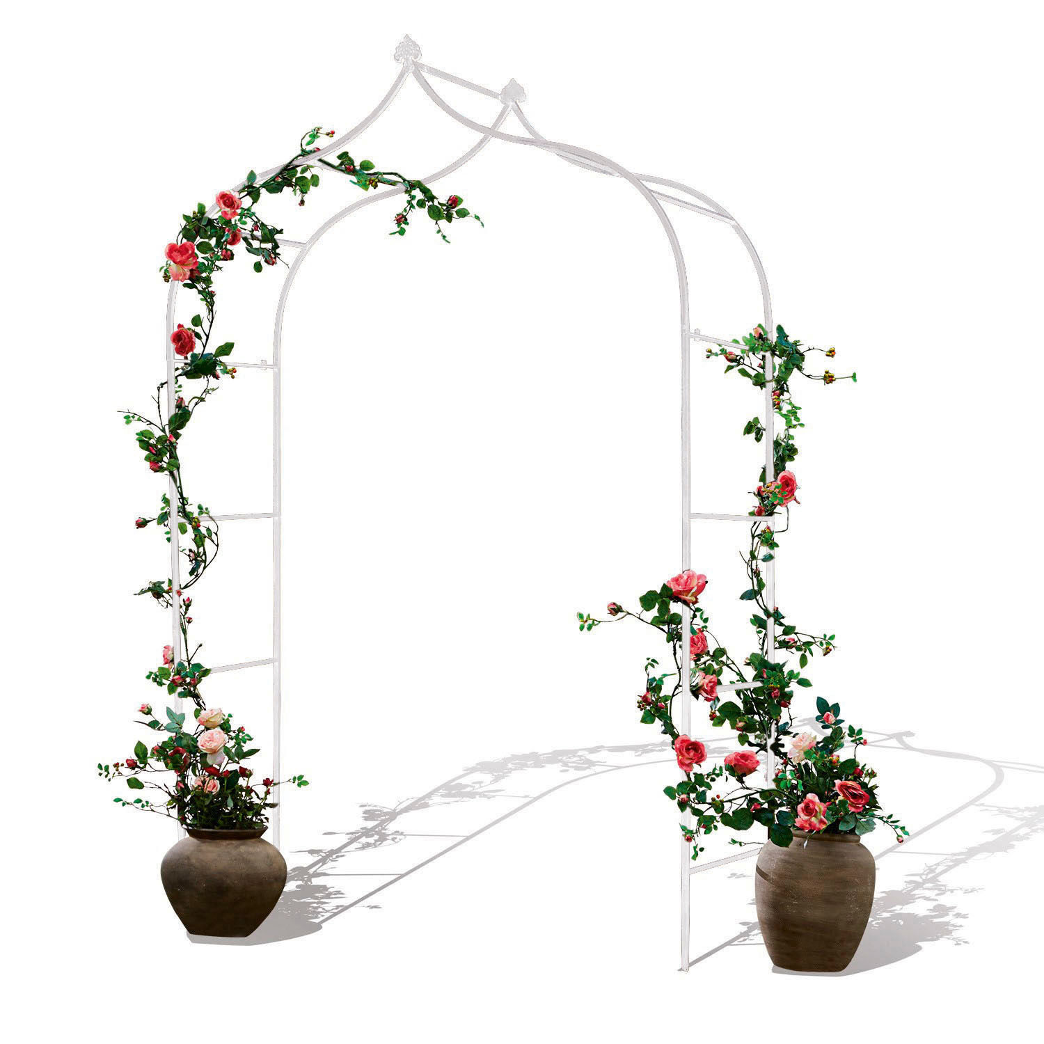 Rosenbogen Dimarus Weiße Metall-Gartenlaube mit Töpfen und rosa Blumen, dekorativer Gartenschmuck