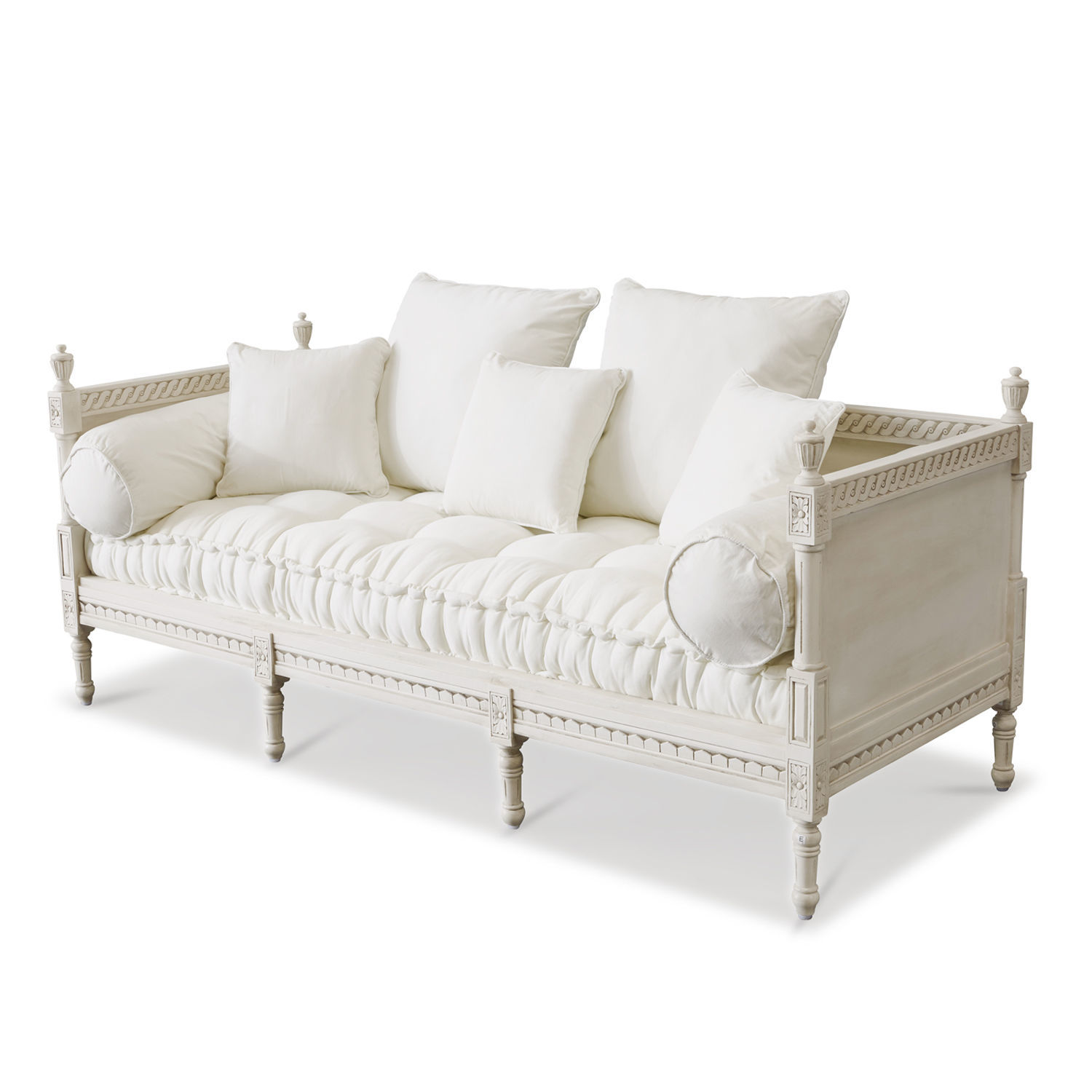 Sofa Douville Weiße Holzsofa mit weichen Kissen und dekorativen Details, elegantes Wohnzimmermöbel