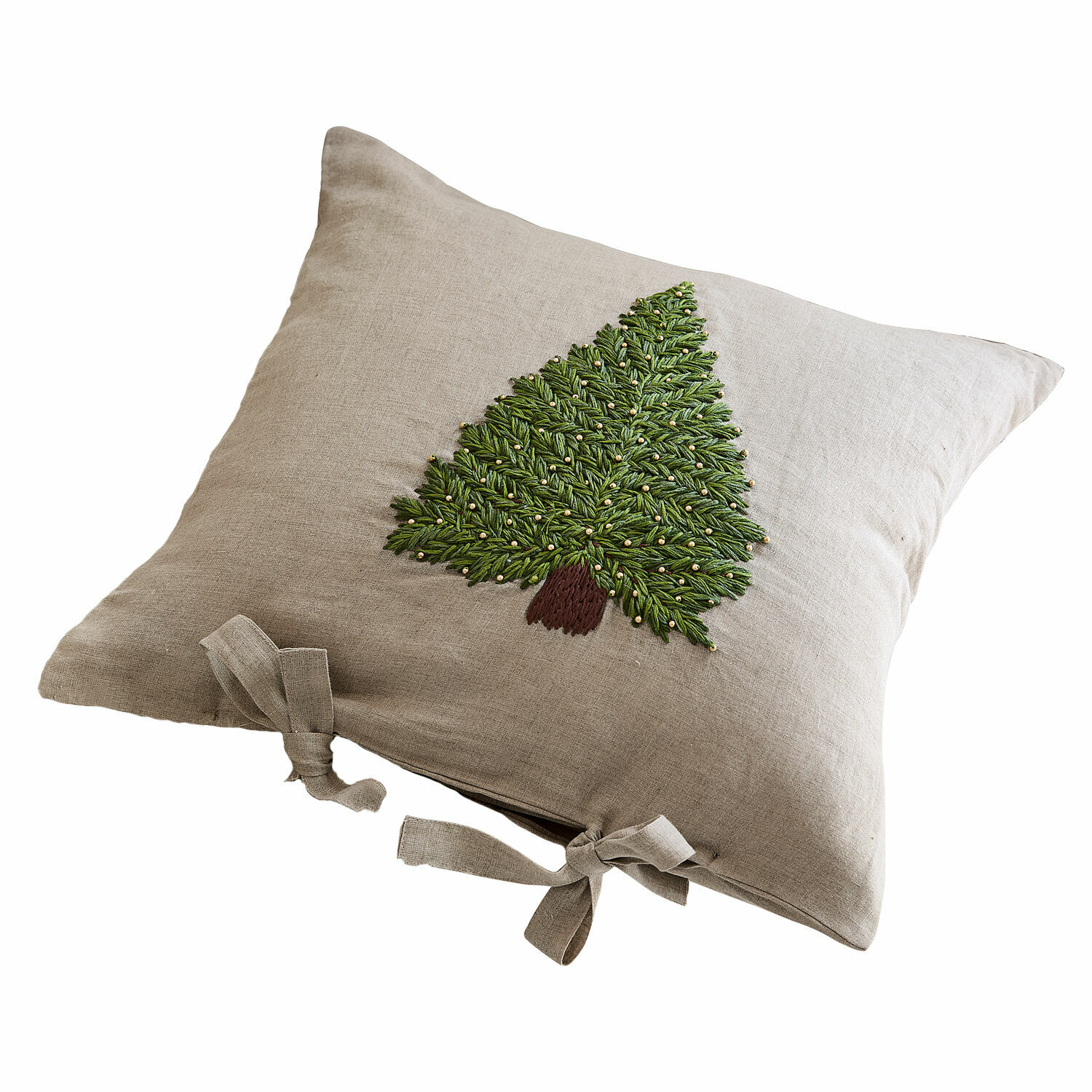 Kissenhülle Amuré Beige Leinenkissen mit grünem besticktem Tannenbaum und Schleifen, weihnachtliche Wohn-Deko