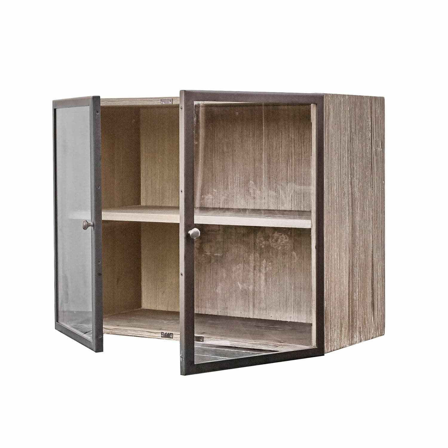 Holzschrank mit Glastüren und Metallrahmen in natürlicher Holzfarbe
